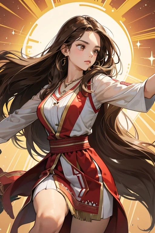 Jaycee has brown eyes and long brown hair running the length of her back. Her hair is unfastened, swinging freely as she wrestles. Staying true to her roots and true identity, Jaycee wears an ornate Native American necklace around her neck. SPARKLE; GLITTER