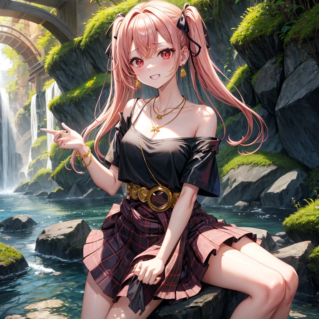 Pink gold golden hair、Red eyes、One good looking girl、solo、anime、Checkered mini skirt、Black camisole、Black T-shirt、hoodie、Wearing a ribbon、Ribbon on waist、Crystal Earrings、Gemstone Necklace、Light and shadow、Tilting face、Teeth are visible、waterfall、Torrent、tunnel、Sunset sky、light、flash、Barrel、Wife、loose、moss、isolated island、Hell&#39;s Gate、Blue flame、Sitting on the throne