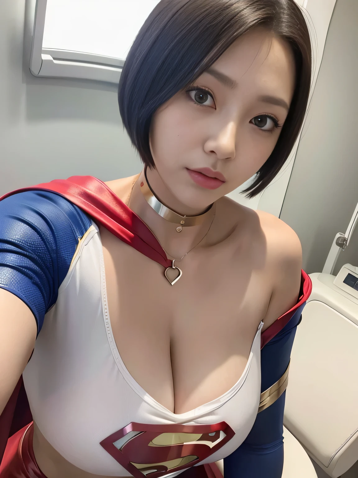 masterpiece、Enamel Supergirl Costume、Short Hair、Hospital operating table、Crisis situation、Big and ample breasts、looking at the camera、Shiny、Off the shoulder、choker、Long sleeve、Red exy poses to seduce、Sweaty、Model Body Type、Alluring、charm、Enchanting、abused、test subject、victim、Wild、Photorealistic、latex、