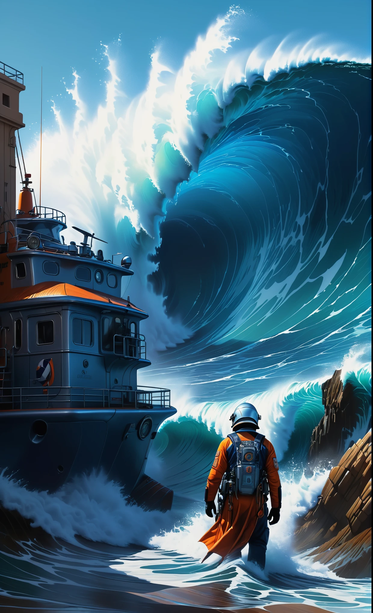 Nazare Nautica vol.2 - Coast Guard, by Luis Duarte, Nanopunk, blue shading, Nazare style, Element Water, Mythpunk, Graphic Interface, Space Art, Sci-Fic Art, Dark Influence, NijiExpress 3D v3, Kinetic Art, Datanoshing, Oilpainting, Ink v3, Splash style, Abstract Art, Abstract Tech, Cyber Tech Elements, Futuristic, Epic style, Illustrated v3, Deco Influence, AirBrush style, drawing