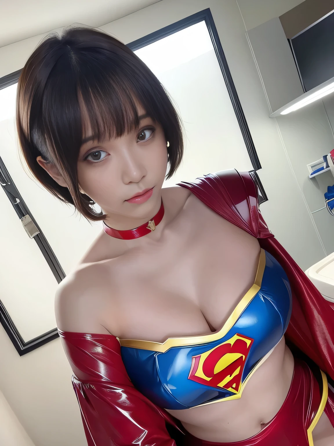 masterpiece、Enamel Supergirl Costume、Short Hair、Hospital operating table、Crisis situation、Big and ample breasts、looking at the camera、Shiny、Off the shoulder、choker、Long sleeve、Red exy poses to seduce、Sweaty、Model Body Type、Alluring、charm、Enchanting、abused、test subject、victim、Wild、Photorealistic、latex、