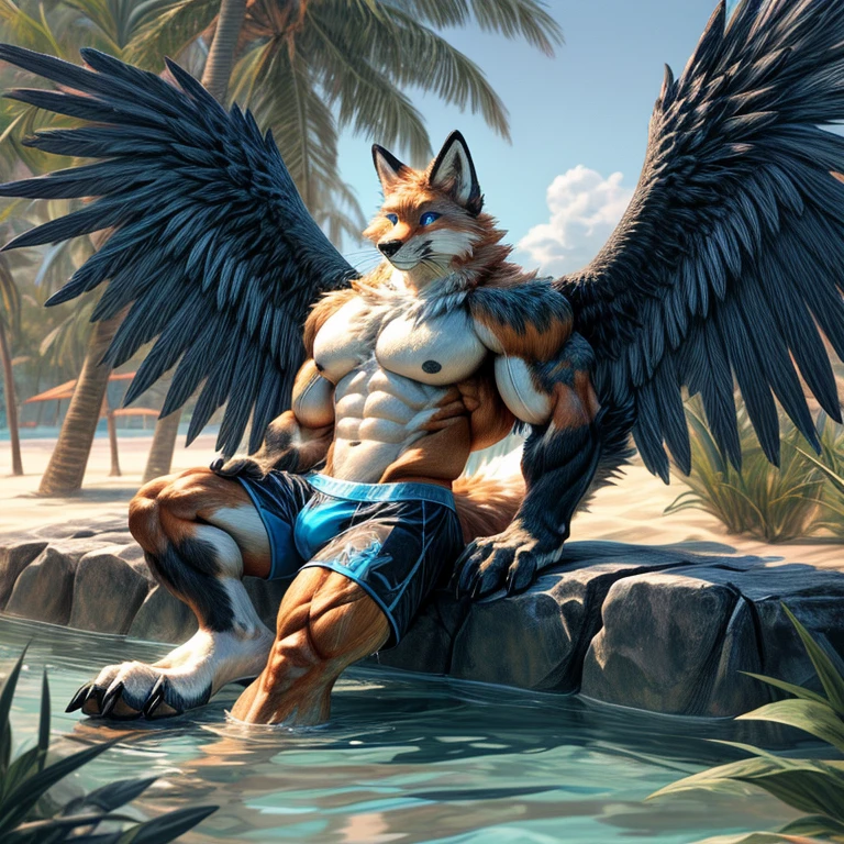 (((anthro muscle red fox, blue eyes, brown forearm, whiskers, black stripe on muzzle, digitigrate))), ((light-blue feathered wings)), (at the beach ). (((human legs))), ((big paws)), ((tropical swimbath underwear)), broad shoulders, big biceps, big pecs, big thighs, big abs(((big feet))), (detailed fox face), male focus, detailed eyes, high quality, best quality, concept art, photorealistic