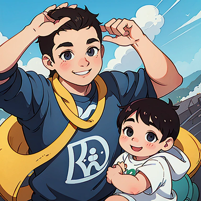 Big Smiling Chubby man holding a chubby baby boy