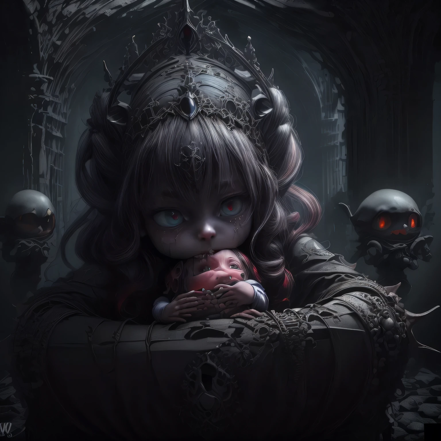 fantasy art 8k,masterpiece
pmmkr2024, magic, anime, cartoon, creature, best quality, trending on artstation, girl being born from the abyss of the shadows of the void,human face,two ghoulish nurses,souls I watch the birth of the baby moon