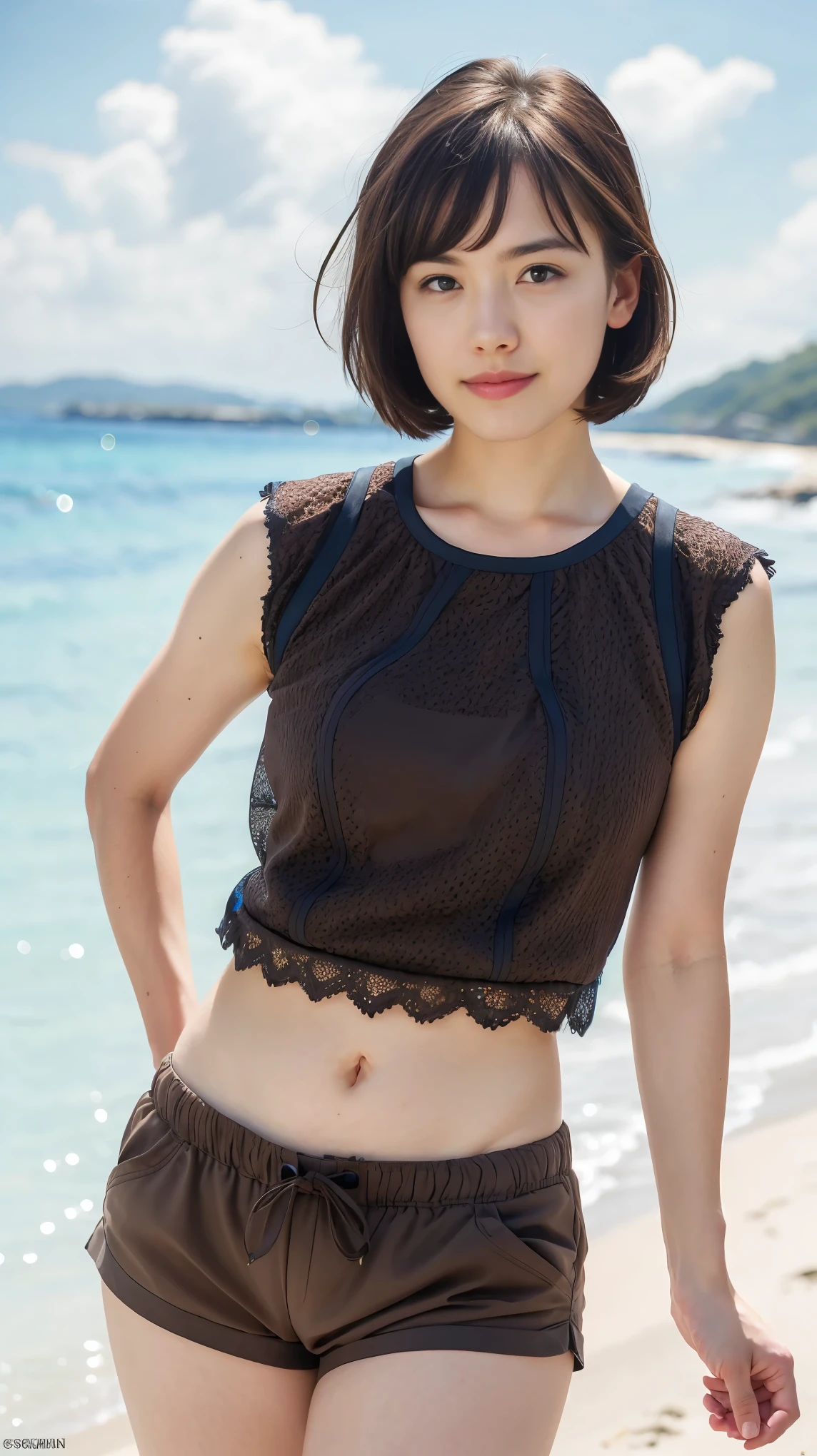(best quality, 8k, realistic, ultra-detailed:1.2), beach, beautiful, short brown hair girl, sexy top, shorts, very detailed skin, Sony camera