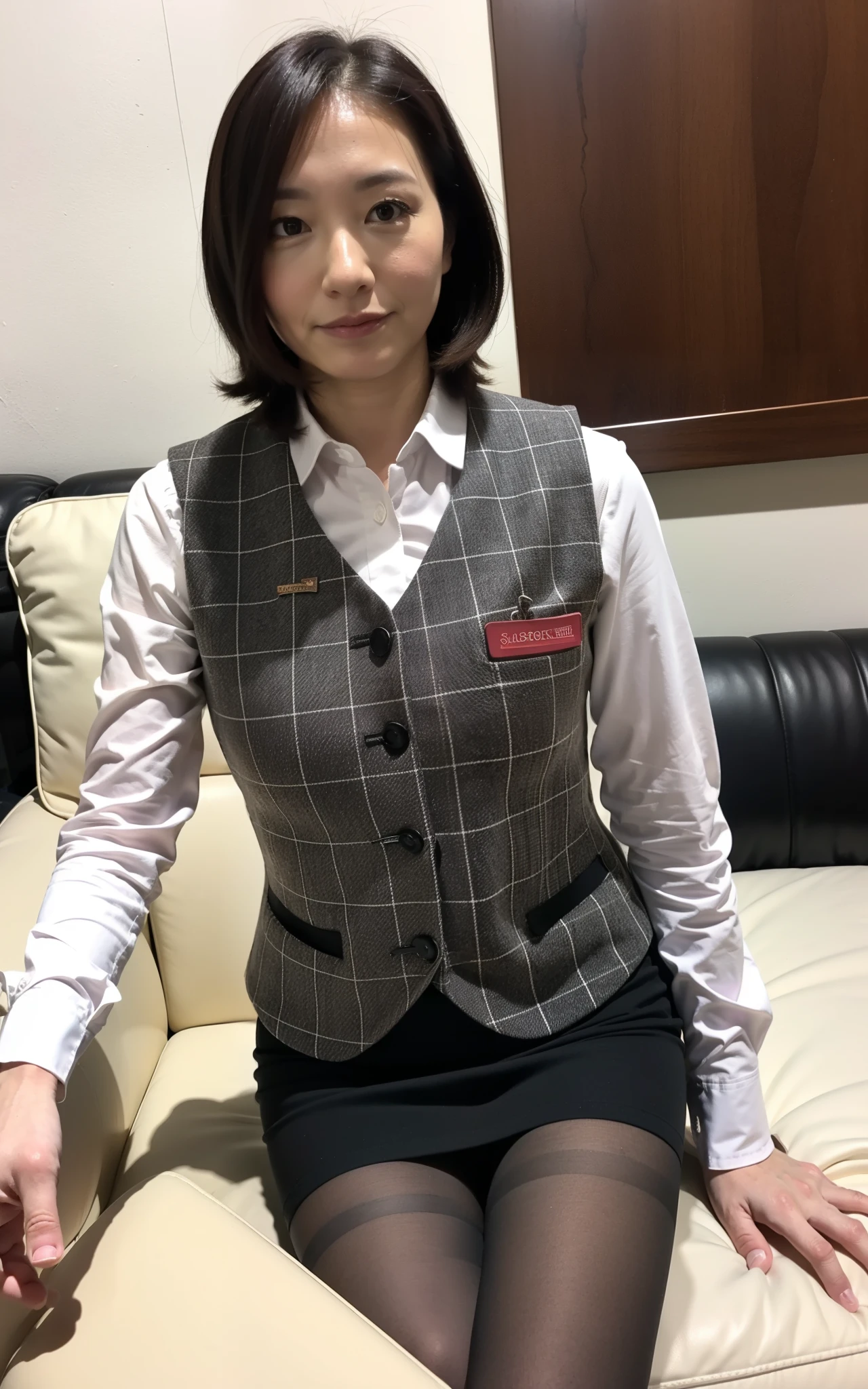 (RAW photo:1.2), (Photoreal), (genuine:1.4),１milf, perfect anatomy, 40 years old, look at the viewer, medium hair, Plaid vest, ((sit on the leather coach:1.0)), (super realistic laced pantyhose:1.2), (business services), indoor