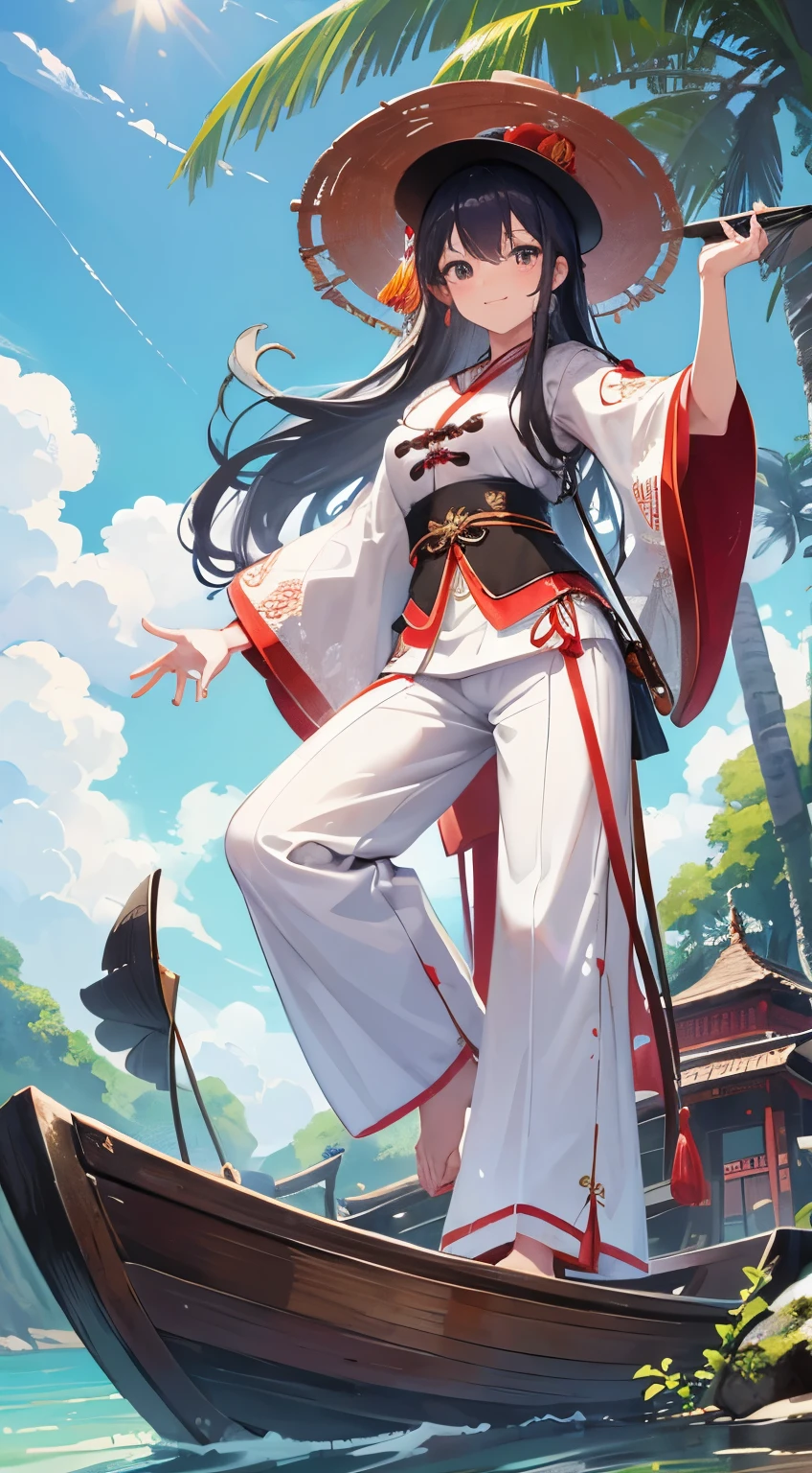 Tropical forest river, Wooden boat One Beautiful girl cute smile,traditional Chinese clothing,Long pants and Hat, stone,big clouds beautiful sky, masterpiece,UHD, hd detailed