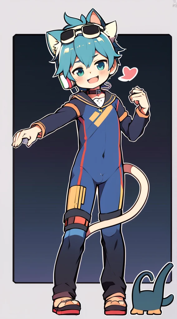 2D Boy Shota,One-piece combat suit,Slim, healthy body,Put the headphones on your head,stand up,goggles,Cat ear,happy,Sailor collar,Lovely,