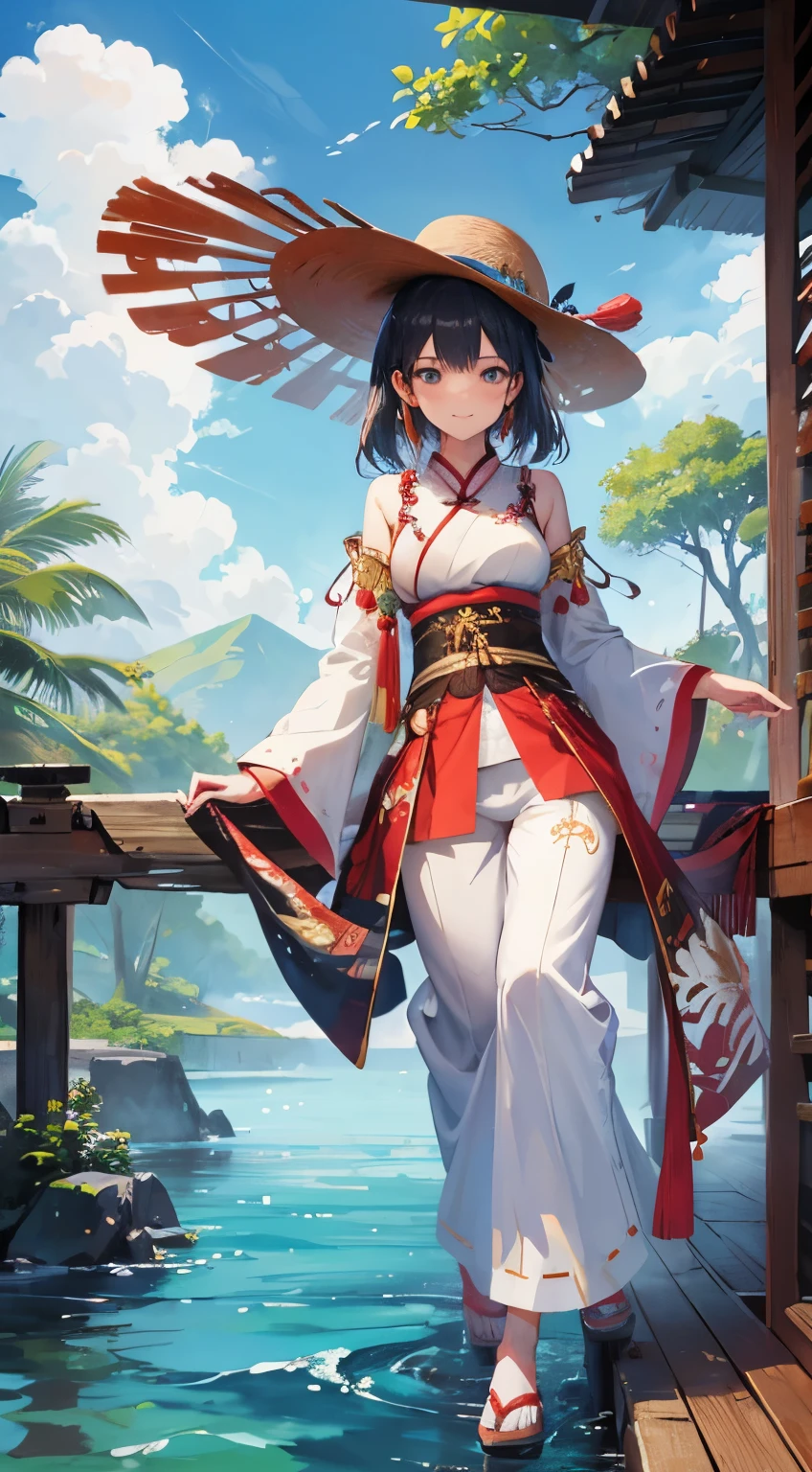 Tropical forest river, Wooden boat One Beautiful girl cute smile,traditional Chinese clothing,Long pants and Hat, stone,big clouds beautiful sky, masterpiece,UHD, hd detailed