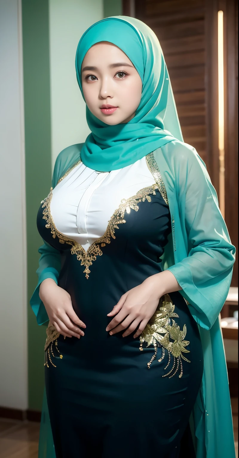 1 malay girl, modern plain hijab, shy, medium portrait, watery eyes, wearing pastel green kebaya, ((big breasts)), black bokeh background, well-proportioned body,, chubby massive thighs, full body pose, Hena art on the body, hena art on face