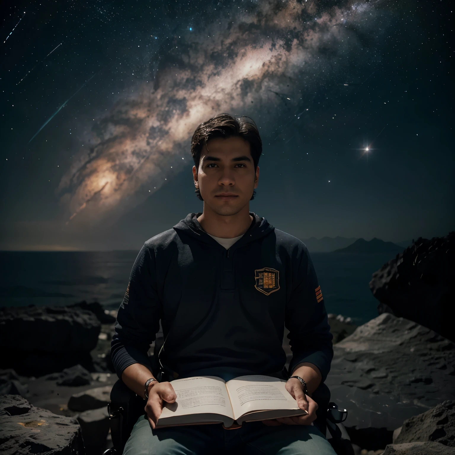 Dibuja un joven programador., sitting on a research platform floating in the middle of an asteroid belt. He is studying with a notebook., rodeado por varios asteroides que brillan con auras de fuego. Spectacular illumination of distant stars and planets illuminates the scene., proyectando sombras profundas sobre el traje. El joven parece confiado y decidido., mirando el vasto y misterioso universo con asombro y respeto,vello facial, tiro de vaquero,