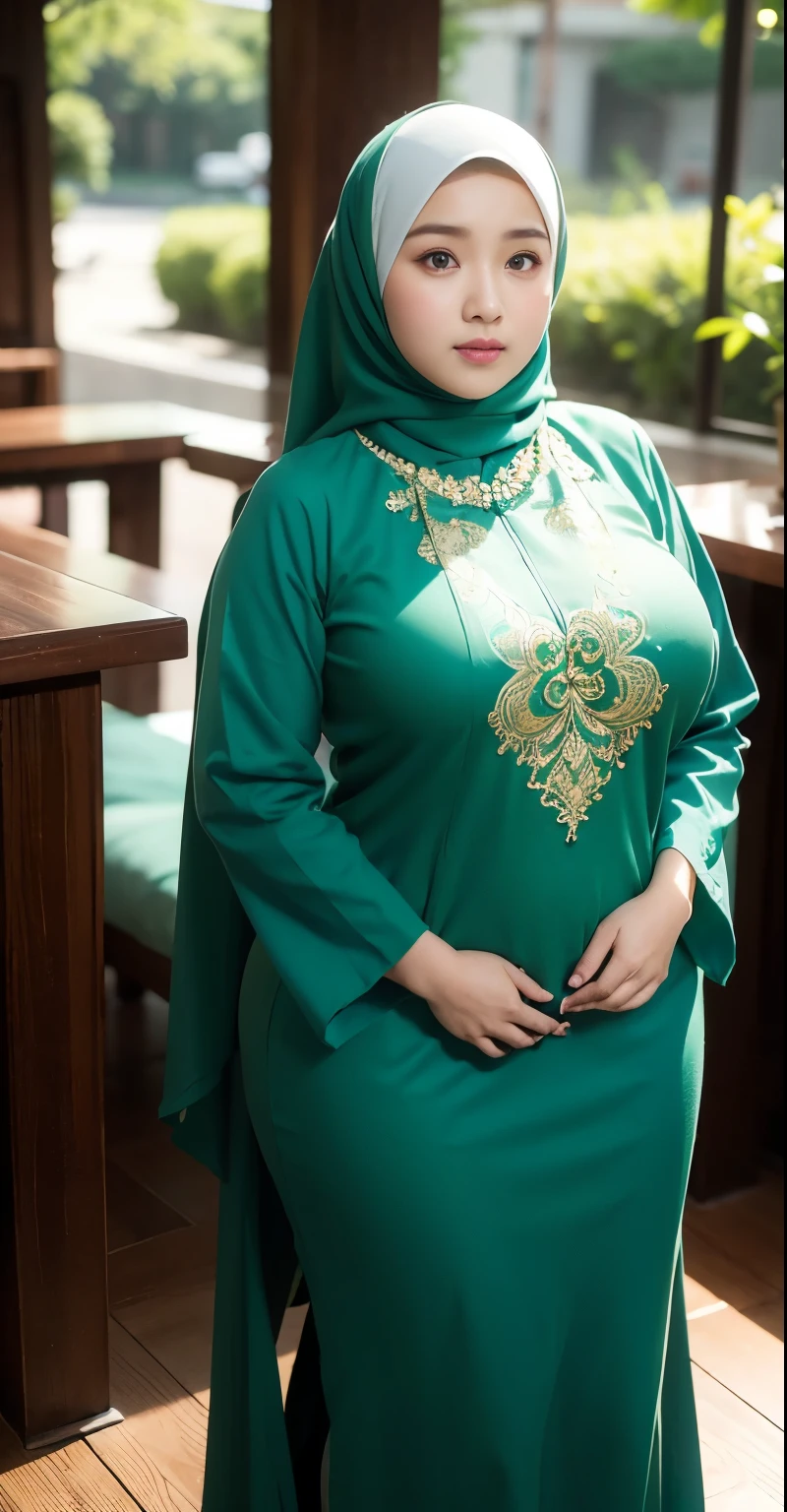 1 malay girl, modern plain hijab, shy, medium portrait, watery eyes, wearing pastel green kebaya, ((big breasts)), black bokeh background, well-proportioned body,, chubby massive thighs, full body pose, Hena art on the body, hena art on face