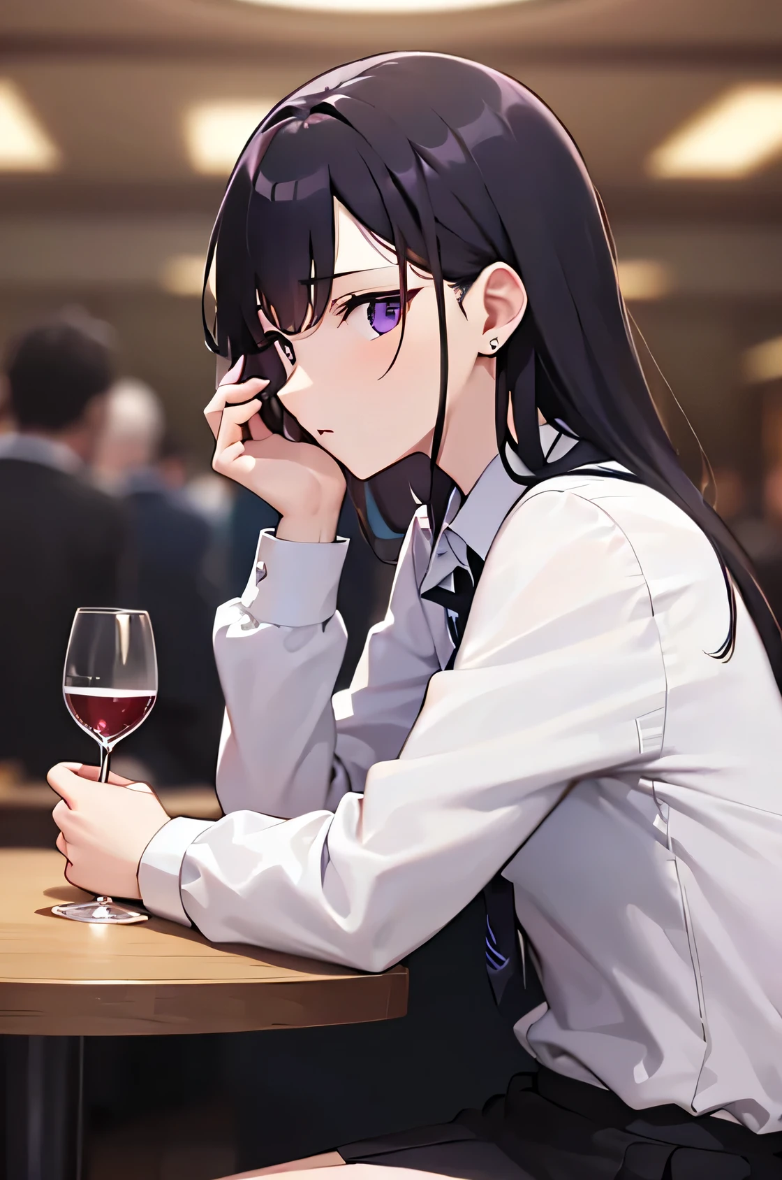 Sitting in a chair, hand between legs、Side view、 Upper Body, Realistic, Real person, (Pale skin: 1.2), RAW Photos, Realistic, Portrait Photography, Shiny skin, Japanese Idols、Shiny Hair、(A 33-year-old woman with medium-length straight hair and bangs) and (Black Hair) and (Purple eyes) , (White collared shirt) and (Long sleeve) 、Tight Skirt、(sulking:1.3), Holding a wine glass、The background is a dining bar at night.、alone、Are standing