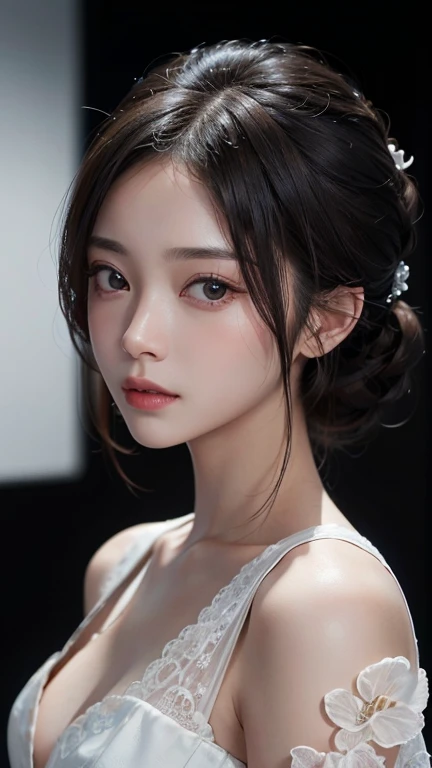 masterpiece, 1 beautiful girl, fine grain, Swollen eyes, highest quality, Ultra High resolution, (reality: 1.4), Cinema Lighting, Japanese, Asian Beauty, Korean, so beautiful, Beautiful Skin, thin, Body facing forward, (Ultra-realistic), (High resolution), (8k), (Very detailed), ( Best illustrations), (Beautiful and detailed), (Very detailed), (wallpaper), Detailed face, Bright lighting, Professional Lighting, View audience, Look straight ahead, White Dress, 46 point diagonal bangs, Black background