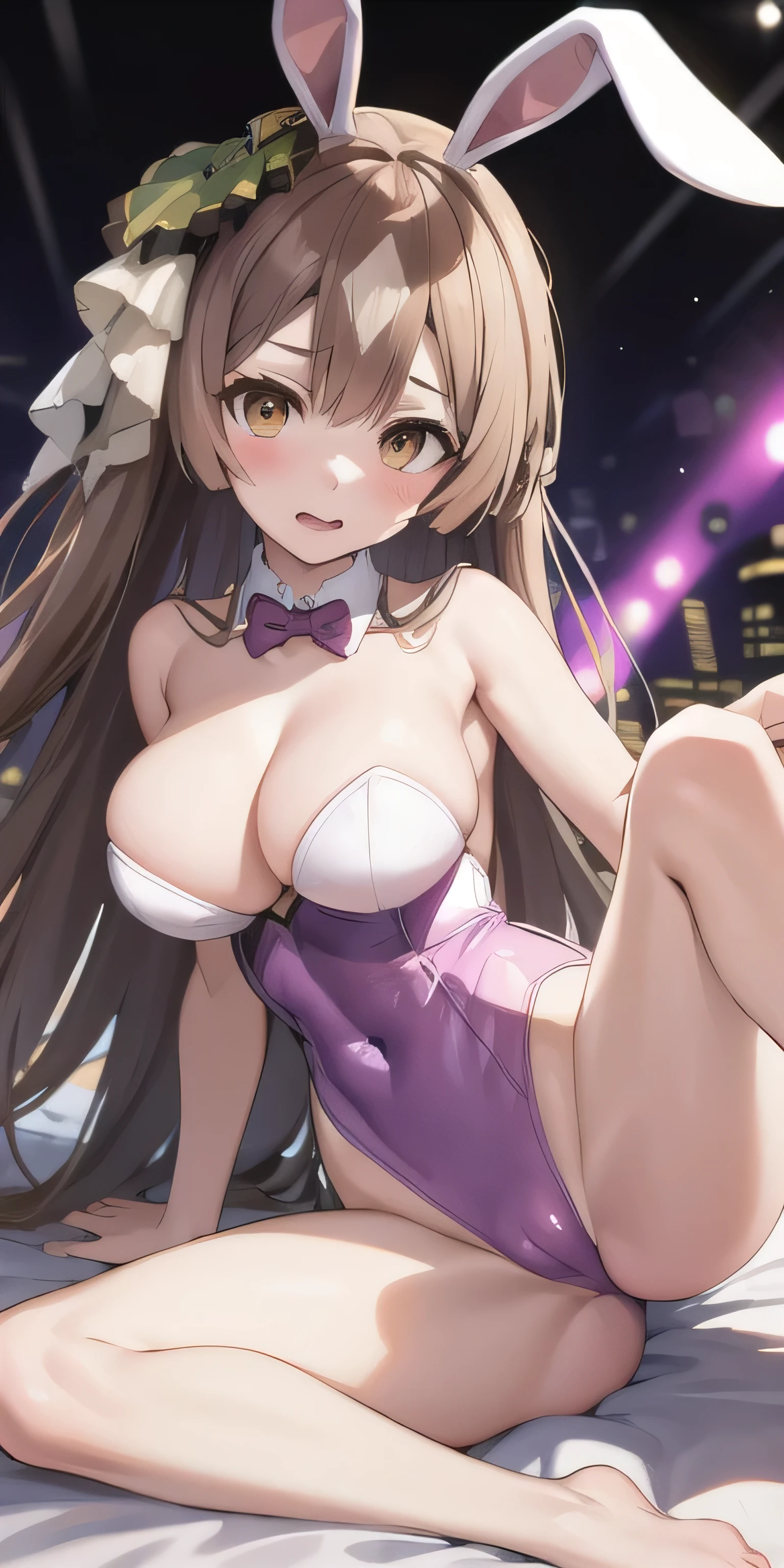 masterpiece, highest quality, close, Face shot, \(Umamusume\),((Purple Bunny Girl))、sit、Leg spread、semen、Mansuji、On the bed、Low - Angle、(((Big Breasts)))、Nightclub、Embarrassed、1st from the bottom.3