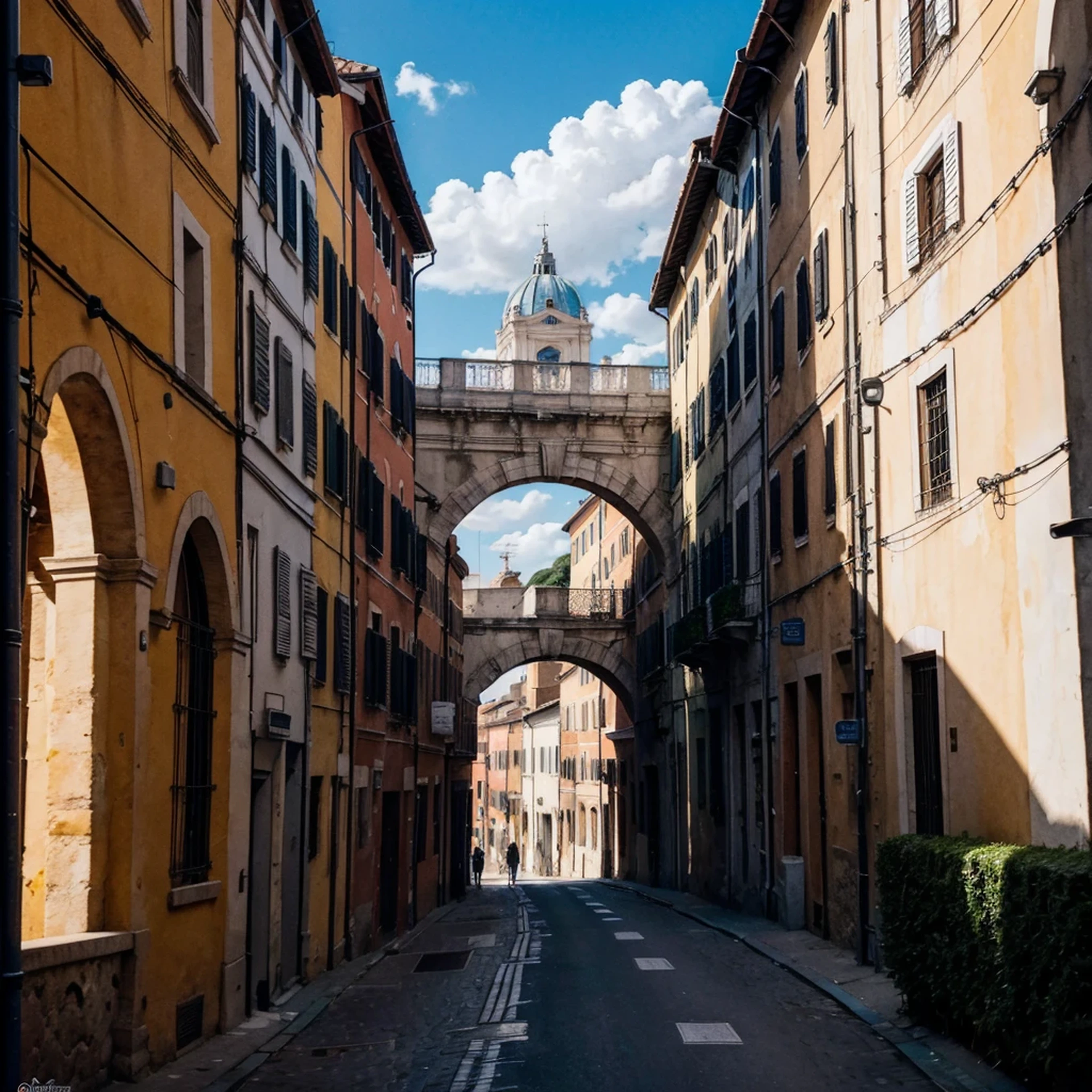 Rome, (realistic), watercolor, best quality, dynamic colors, swirls, architectural streets, a character portrait, blue eyes, vines, landscape, clear sky, black colors, chains connected to rings, digital painting, ultra high resolution,