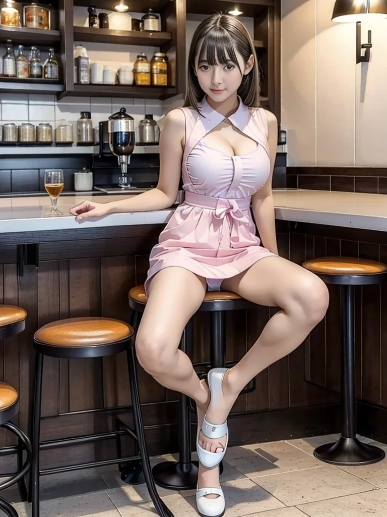 (highest quality:1.5),(8K:1.5),(masterpiece:1.5),(high resolution:1.5),Large Breasts,Narrow waist,Thin and beautiful legs,White and beautiful skin,Clothing with low exposure,The background is a cafe,A cafe costume that emphasizes the body line