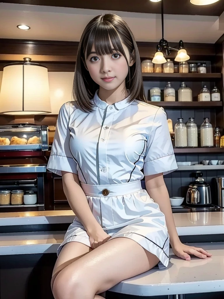 (highest quality:1.5),(8K:1.5),(masterpiece:1.5),(high resolution:1.5),Large Breasts,Narrow waist,Thin and beautiful legs,White and beautiful skin,Clothing with low exposure,The background is a cafe,A cafe costume that emphasizes the body line