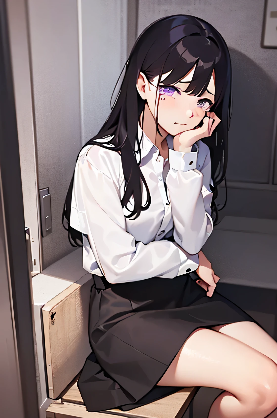 Sitting in a chair, hand between legs、Side view、 Upper Body, Realistic, Real person, (Pale skin: 1.2), RAW Photos, Realistic, Portrait Photography, Shiny skin, Japanese Idols、Shiny Hair、(A 33-year-old woman with medium-length straight hair and bangs) and (Black Hair) and (Purple eyes) , (White collared shirt) and (Long sleeve) 、Tight Skirt、(blush)and(Are crying:1.3),and(Wipe tears with your hands)、The background is a dining bar at night.、alone、Are standing