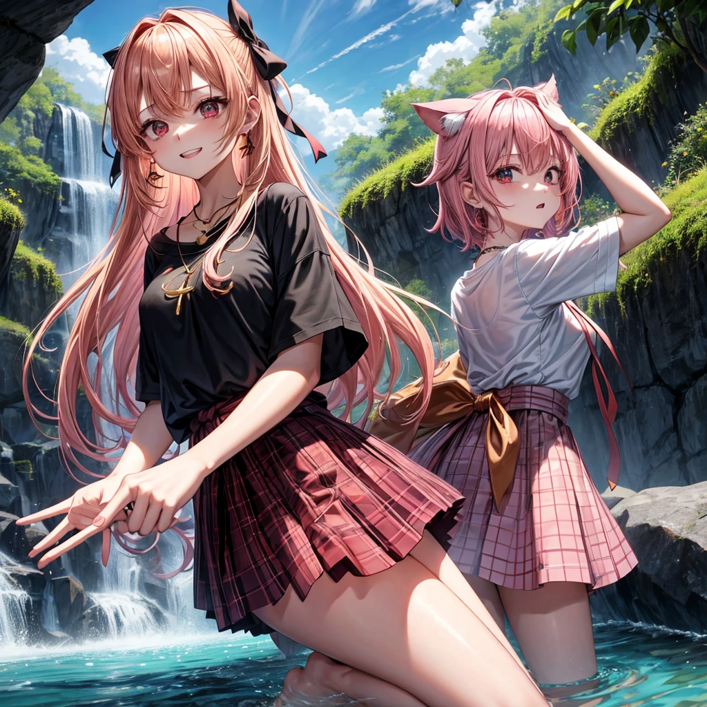 Pink gold golden hair、Red eyes、One good looking girl、solo、anime、Checkered mini skirt、Black camisole、Black T-shirt、hoodie、Wearing a ribbon、Ribbon on waist、Crystal Earrings、Gemstone Necklace、Light and shadow、Tilting face、Teeth are visible、waterfall、Torrent、tunnel、Sunset sky、light、flash、Barrel、Wife、loose、moss、isolated island、Hell's Gate、Blue flame、Sitting on the throne