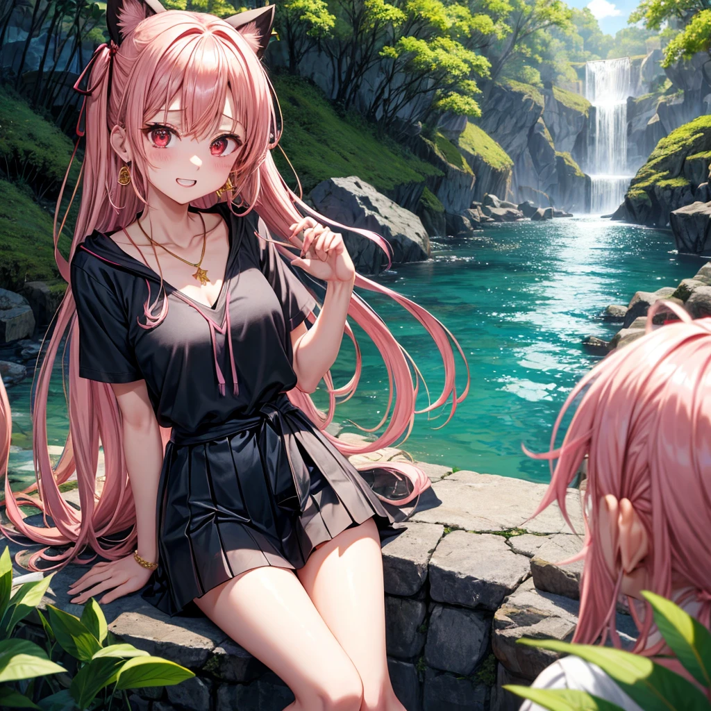Pink gold golden hair、Red eyes、One good looking girl、solo、anime、Checkered mini skirt、Black camisole、Black T-shirt、hoodie、Wearing a ribbon、Ribbon on waist、Crystal Earrings、Gemstone Necklace、Light and shadow、Tilting face、Teeth are visible、waterfall、Torrent、tunnel、Sunset sky、light、flash、Barrel、Wife、loose、moss、isolated island、Hell's Gate、Blue flame、Sitting on the throne