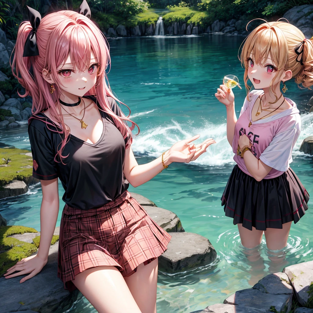 Pink gold golden hair、Red eyes、One good looking girl、solo、anime、Checkered mini skirt、Black camisole、Black T-shirt、hoodie、Wearing a ribbon、Ribbon on waist、Crystal Earrings、Gemstone Necklace、Light and shadow、Tilting face、Teeth are visible、waterfall、Torrent、tunnel、Sunset sky、light、flash、Barrel、Wife、loose、moss、isolated island、Hell's Gate、Blue flame、Sitting on the throne