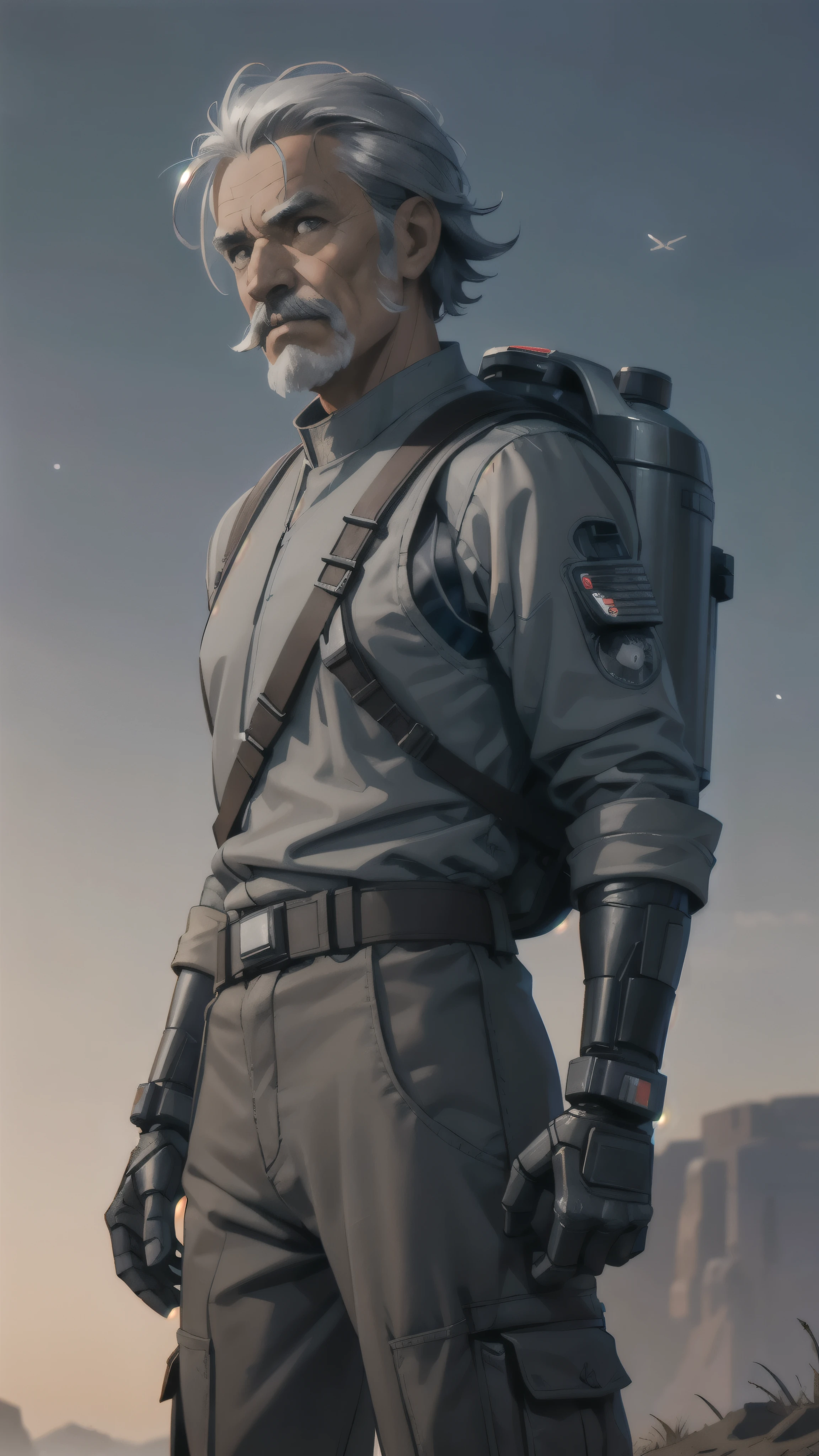 1 star wars doctor, old man, short gray hair, gray mustache, rugged clothes, rugged star wars backpack, detailed face, robot arm, Cyber arm, vintage, rustic, short hair, wind blowing hair, early morning, barren field, depth of field