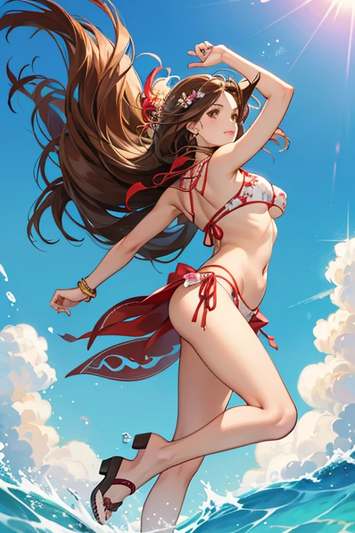 Jaycee has brown eyes and long brown hair running the length of her back. Her swimsuit DLC has her wearing a western style bikini with ribbons hanging loose from her bikini top, as well as brown heeled sandals. The bikini is available in three color schemes; brown, pink and white or white with red floral designs. She still wears her luchadora mask while wearing this outfit, and wears a two-feathered traditional necklace around her neck. SPARKLE; GLITTER