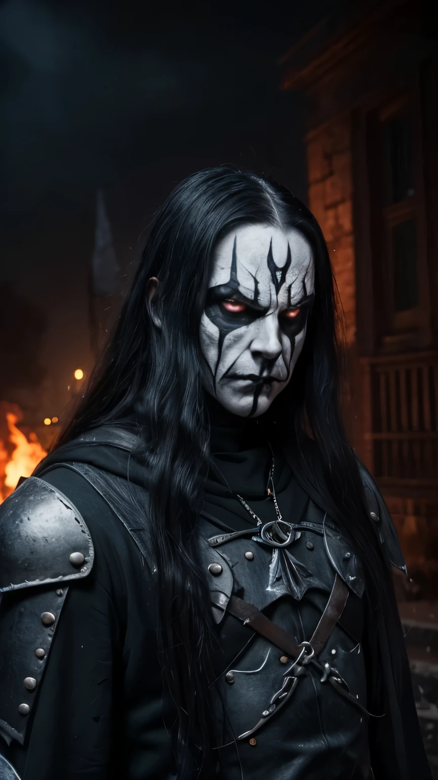 (masterpiece, best quality:1.2), (((1man, male))) , solo, highres, best quality, Half body shot of a strong Man, pale white skin angry man with (((black metal corpsy paint))), ((Angry face)) , heavy White and Black face paint, wearing a black and silver armor, spike, in a gothic cemitery, at night, horror movie. high details, super detail, textured skin, masterpiece, UHD, 4K, 8k. ((Cinematic lighting)). Church on fire background 