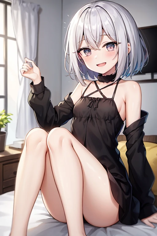 ((highest quality)), ((masterpiece)), (be familiar with), Perfect Face, indoor, Bedroom, Watching the audience,
One woman, Antiline Helan Fouché,
Open Mouth, Ecstatic expression, blush, smile,
Small breasts, Flat Chest, Young Girl, , , Girl,
Short Hair, Black and white hair, Two-tone color, Black and white eyes, Odd Eye, short hair,
Leg spread,