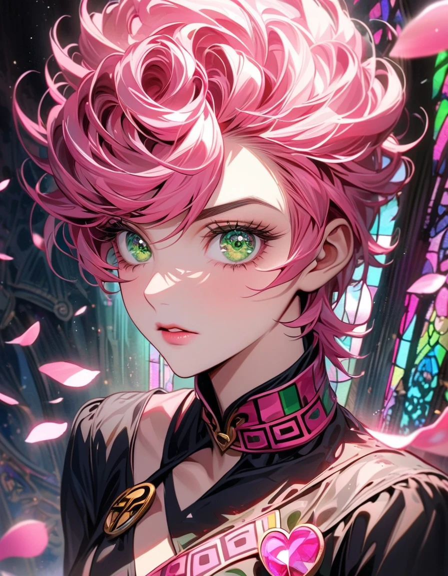 Ultra detailed, Highres, absurdres, HDR, master piece, Trish Una, pink hair, expressive green eyes, JoJo Bizarre Adventure, pink stained glass, pink flowers, petals, extremely beautiful, woman, perfect face, solo, very detailed eyes and face, pink glass, glittering, extremely pretty, black shirt,