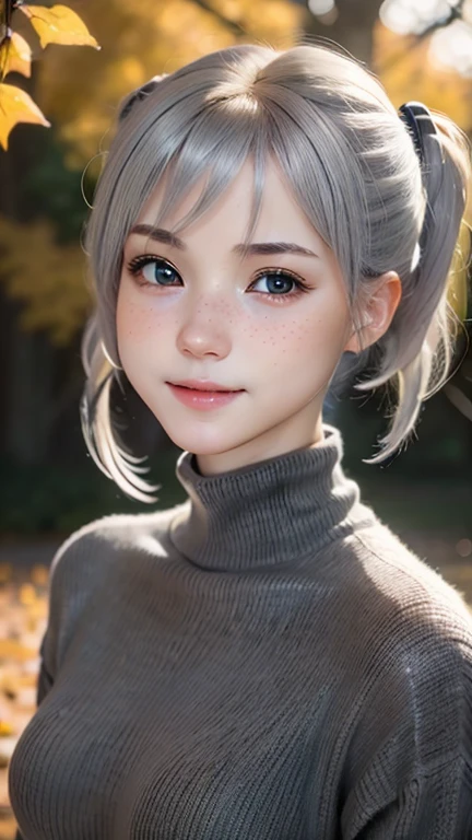 close, portrait, head shot, model shooting style, looking at the viewer,１４talent、 direct eye contact, White-sama, 1 girl, smile, (Ash gray hair), shortcut、Twintails with short hair、Knitted Black Turtleneck,small breasts,freckles, autumn park, Depth of bounds written, blurred background, skin details, fine eyes, Warm volumetric lighting, masterpiece, highest quality ,ultra high resolution、８ｋ    