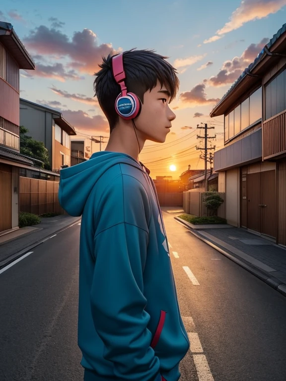age boy wearing headphones, chinese decent from Hong Kong, nerdy, tone muscle, see the sunset sky in an anime style, seen from a side view, in a suburb side street, In toyko around Futako-tamagawa