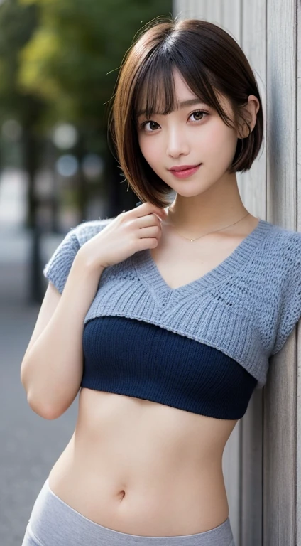 ((Medium chest, tomboy girls, small head)), dawn, sunlight, (chiseled abs : 1.1), (perfect body : 1.1), (wavy short hair : 1.2) , auburn hair, collar, Lock, full body shot, crowded street, Wearing a black tank top, jeans jacket, ((shorts)), (Highly detailed CG 8k wallpaper), (very delicate and beautiful), (masterpiece), (highest quality:1.0), (ultra High resolution:1.0),  beautiful lighting ,perfect lightning, realistic shadow, [High resolution], fine skin, Super detailed、laughter、17 year old girl、Cold cherry blossom trees、Lots of cherry blossoms、spring-like clothes、(In 4K, highest quality, High resolution:1.1), (reality, realistic:1), (cute type:1.8), alone,  fine eyes, brown eyes, innocent eyes, blush, supreme masterpiece, beautiful light, movie lighting, movie particles, Jewelry is, heart shaped earrings, bangs, cherry lips, look at the audience, ponytail, side ponytail, written boundary depth, background blur, focus of the eye, 85mm lens, BreastsF/1.4, professional lighting, photon mapping, radio city, Physically based rendering, high detail, pieces fly,laughter、Lots of cherry blossoms、wear a cardigan
