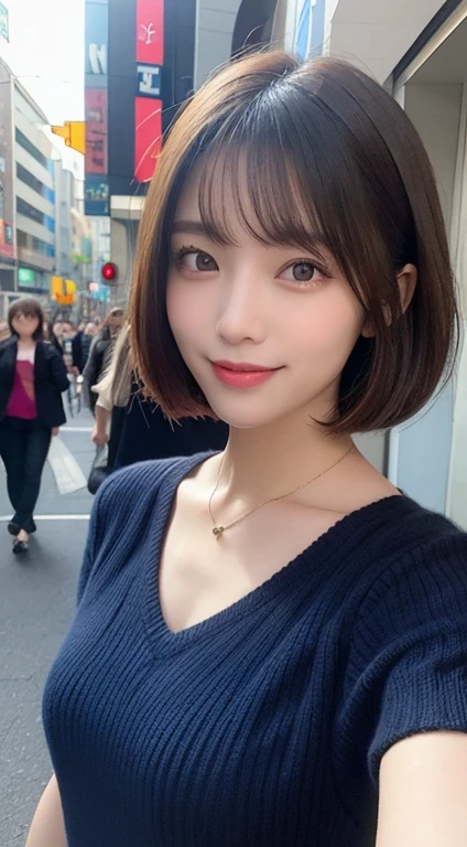 masutepiece, Best Quality, Illustration, Ultra-detailed, finely detail, hight resolution, 8K Wallpaper, Perfect dynamic composition, Beautiful detailed eyes, Women's Fashion Summer,Short bob hair,Small breasts natural color lip, Bold sexy poses,Smile,Harajuku、20 years girl、Cute、Sexy shot looking at camera,Short sleeve knit,Dark blue knitwear、undergarment,armpits