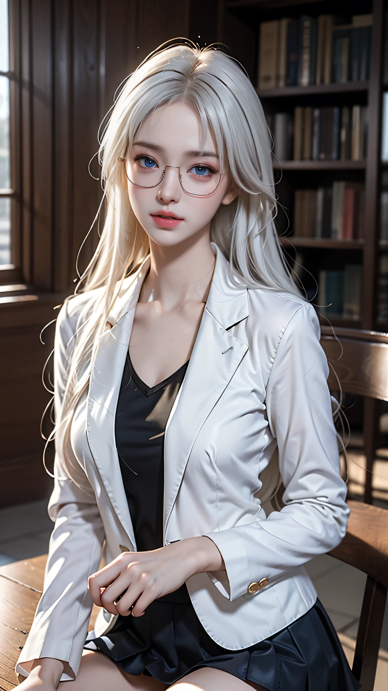 Best quality work,Actual work,Ultra Premium Graphics,8K HD CG works,High quality graphics,High-definition CG works,10x pixels,Extremely fine detail:1.1,Advanced Technical Details:1.1 Photorealistic,Indoor lighting effects:1.5,Natural light:1.5. Light effects(virtual Light effects:1.8),(short golden-white hair)、(Bob Hair),Clear Eyes,Beautiful double eyelids,Sharp eye makeup, Delicate eyelash makeup, Thin eyebrows, Highly detailed eyes,High nose, Nice red lips, Rose Cheeks, A face with subtle makeup , Cute face, perfectly balanced face,(Advanced Face Detail:1.1),((Girl sitting on chair in library))、Best quality work,Actual work,Ultra Premium Graphics,8K HD CG works,High quality graphics,High-definition CG works,10x pixels,Extremely fine detail:1.1,Advanced Technical Details:1.1 Photorealistic,Indoor lighting effects:1.5,Natural light:1.5. Light effects(virtual Light effects:1.8)、((Eyes closed)), Thin eyebrows,High nose, Nice red lips, Rose Cheeks, A face with subtle makeup , Cute face, perfectly balanced face,(girl in school uniform),A light-toned foundation enhances the clarity of your skin.、((White blazer)),(White blouse)、(Red tie)、(Dark blue checked skirt) 40k, photograph, ((Wear glasses, )). White skin, highest quality, Tabletop, Ultra-high resolution, (Realistic:1.4), RAWphotograph, (Perfect figure), (slim:1.3), Slim abdomen, Perfect slim figure, Dynamic Pose, alone, Cold light 12000K, Highly detailed facial and skin texture, Fine grain, Realistic eyes, Beautiful fine grain, (Realistic Skin), Charm, 超A high resolution, Surreal、(Panties are visible)
