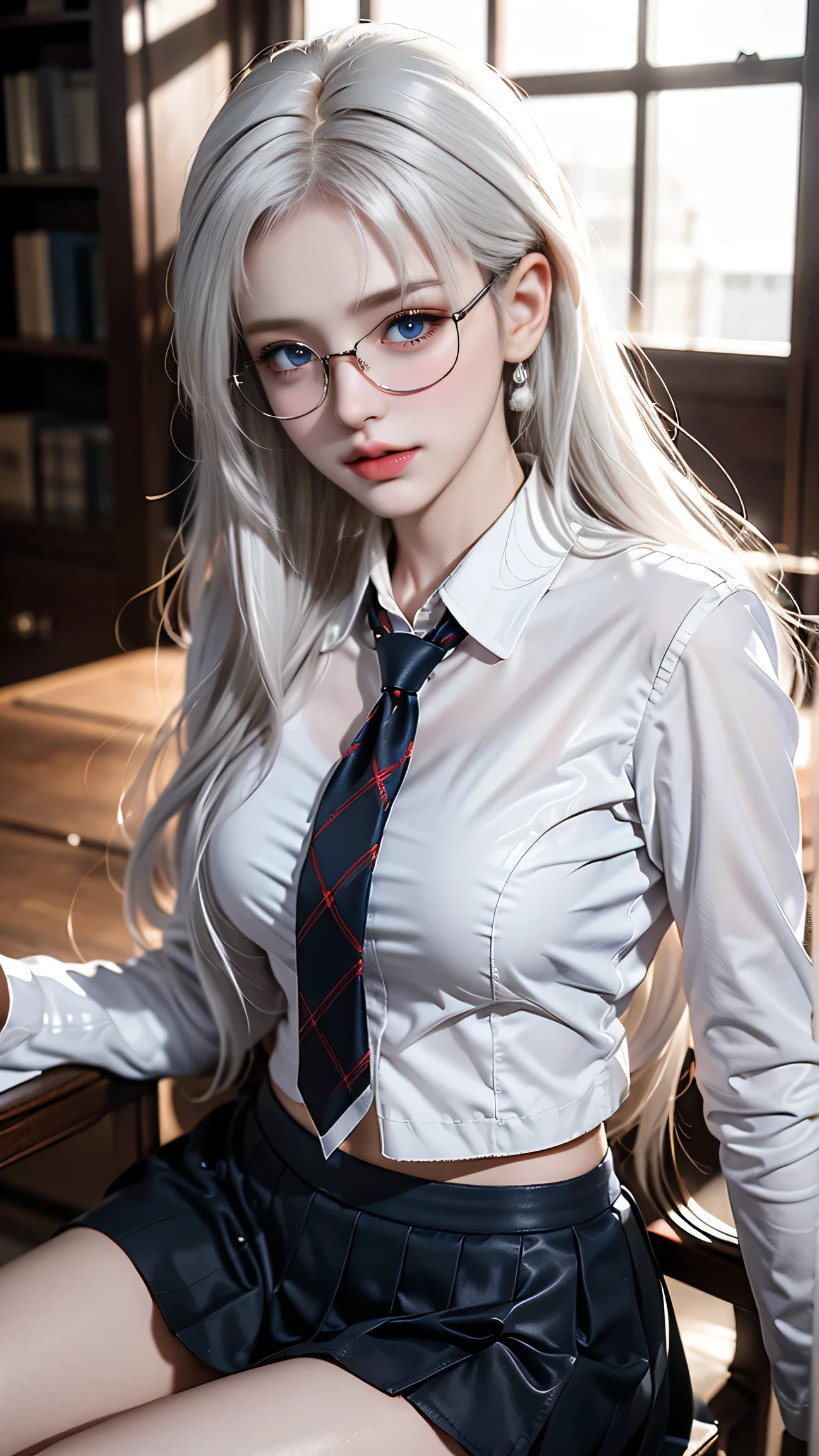 Best quality work,Actual work,Ultra Premium Graphics,8K HD CG works,High quality graphics,High-definition CG works,10x pixels,Extremely fine detail:1.1,Advanced Technical Details:1.1 Photorealistic,Indoor lighting effects:1.5,Natural light:1.5. Light effects(virtual Light effects:1.8),(short golden-white hair)、(Bob Hair),Clear Eyes,Beautiful double eyelids,Sharp eye makeup, Delicate eyelash makeup, Thin eyebrows, Highly detailed eyes,High nose, Nice red lips, Rose Cheeks, A face with subtle makeup , Cute face, perfectly balanced face,(Advanced Face Detail:1.1),((Girl sitting on chair in library))、Best quality work,Actual work,Ultra Premium Graphics,8K HD CG works,High quality graphics,High-definition CG works,10x pixels,Extremely fine detail:1.1,Advanced Technical Details:1.1 Photorealistic,Indoor lighting effects:1.5,Natural light:1.5. Light effects(virtual Light effects:1.8)、((Eyes closed)), Thin eyebrows,High nose, Nice red lips, Rose Cheeks, A face with subtle makeup , Cute face, perfectly balanced face,(girl in school uniform),A light-toned foundation enhances the clarity of your skin.、((White blazer)),(White blouse)、(Red tie)、(Dark blue checked skirt) 40k, photograph, ((Wear glasses, )). White skin, highest quality, Tabletop, Ultra-high resolution, (Realistic:1.4), RAWphotograph, (Perfect figure), (slim:1.3), Slim abdomen, Perfect slim figure, Dynamic Pose, alone, Cold light 12000K, Highly detailed facial and skin texture, Fine grain, Realistic eyes, Beautiful fine grain, (Realistic Skin), Charm, 超A high resolution, Surreal、(Panties are visible)