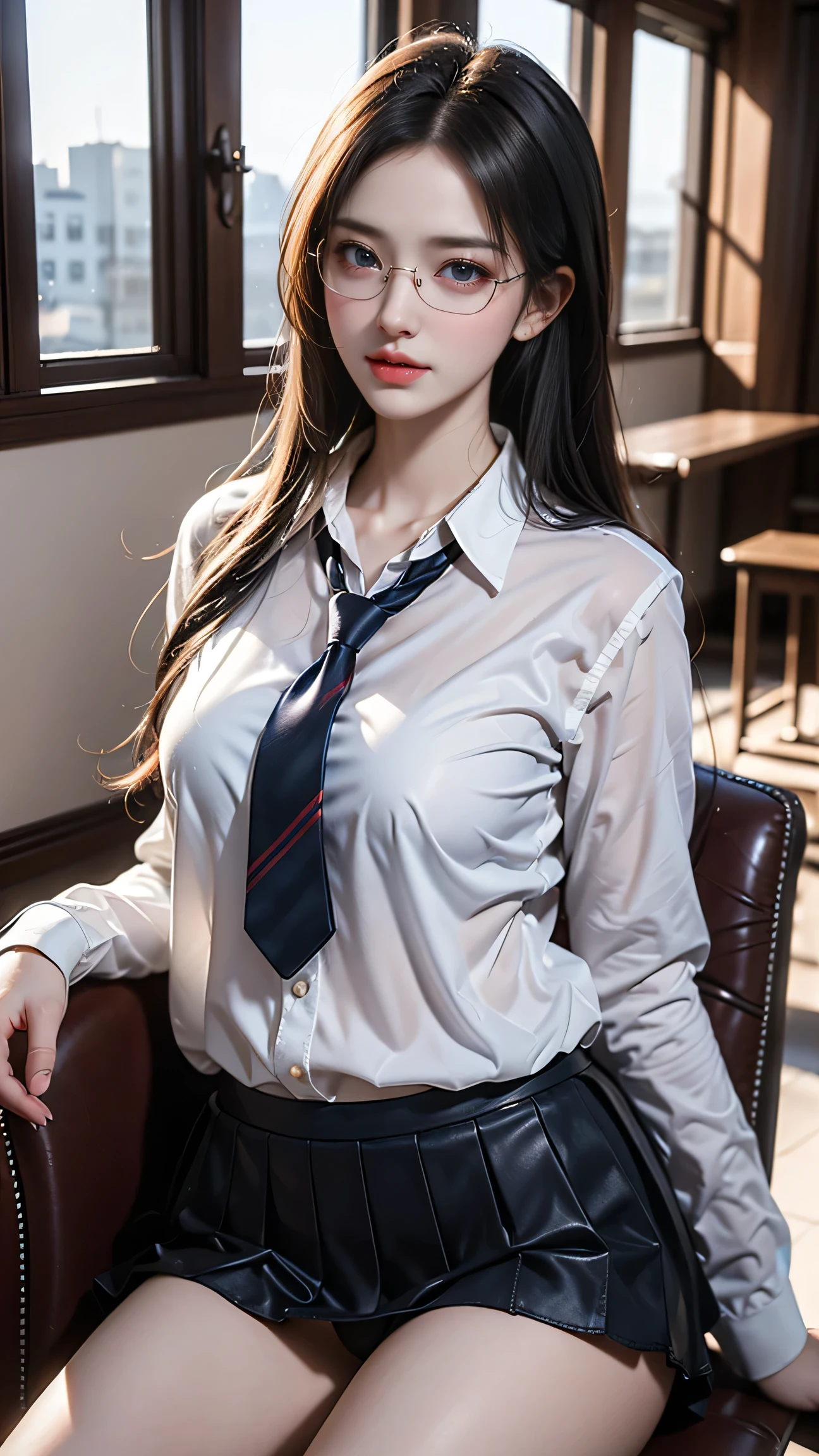 Best quality work,Actual work,Ultra Premium Graphics,8K HD CG works,High quality graphics,High-definition CG works,10x pixels,Extremely fine detail:1.1,Advanced Technical Details:1.1 Photorealistic,Indoor lighting effects:1.5,Natural light:1.5. Light effects(virtual Light effects:1.8),((short chestnut hair))、(Bob Hair),Clear Eyes,Beautiful double eyelids,Sharp eye makeup, Delicate eyelash makeup, Thin eyebrows, Highly detailed eyes,High nose, Nice red lips, Rose Cheeks, A face with subtle makeup , Cute face, perfectly balanced face,(Advanced Face Detail:1.1),((Girl sitting on chair in library))、Best quality work,Actual work,Ultra Premium Graphics,8K HD CG works,High quality graphics,High-definition CG works,10x pixels,Extremely fine detail:1.1,Advanced Technical Details:1.1 Photorealistic,Indoor lighting effects:1.5,Natural light:1.5. Light effects(virtual Light effects:1.8), Thin eyebrows,High nose, Nice red lips, Rose Cheeks, A face with subtle makeup , Cute face, perfectly balanced face,(girl in school uniform),A light-toned foundation enhances the clarity of your skin.,high school girl,(White blouse)、(Red tie)、(Dark blue checked skirt) 40k, photograph, ((Wear glasses, )). White skin, highest quality, Tabletop, Ultra-high resolution, (Realistic:1.4), RAWphotograph, (Perfect figure), (slim:1.3), Slim abdomen, Perfect slim figure, Dynamic Pose, alone, Cold light 12000K, Highly detailed facial and skin texture, Fine grain, Realistic eyes, Beautiful fine grain, (Realistic Skin), Charm, 超A high resolution, Surreal、((White panties are visible))、