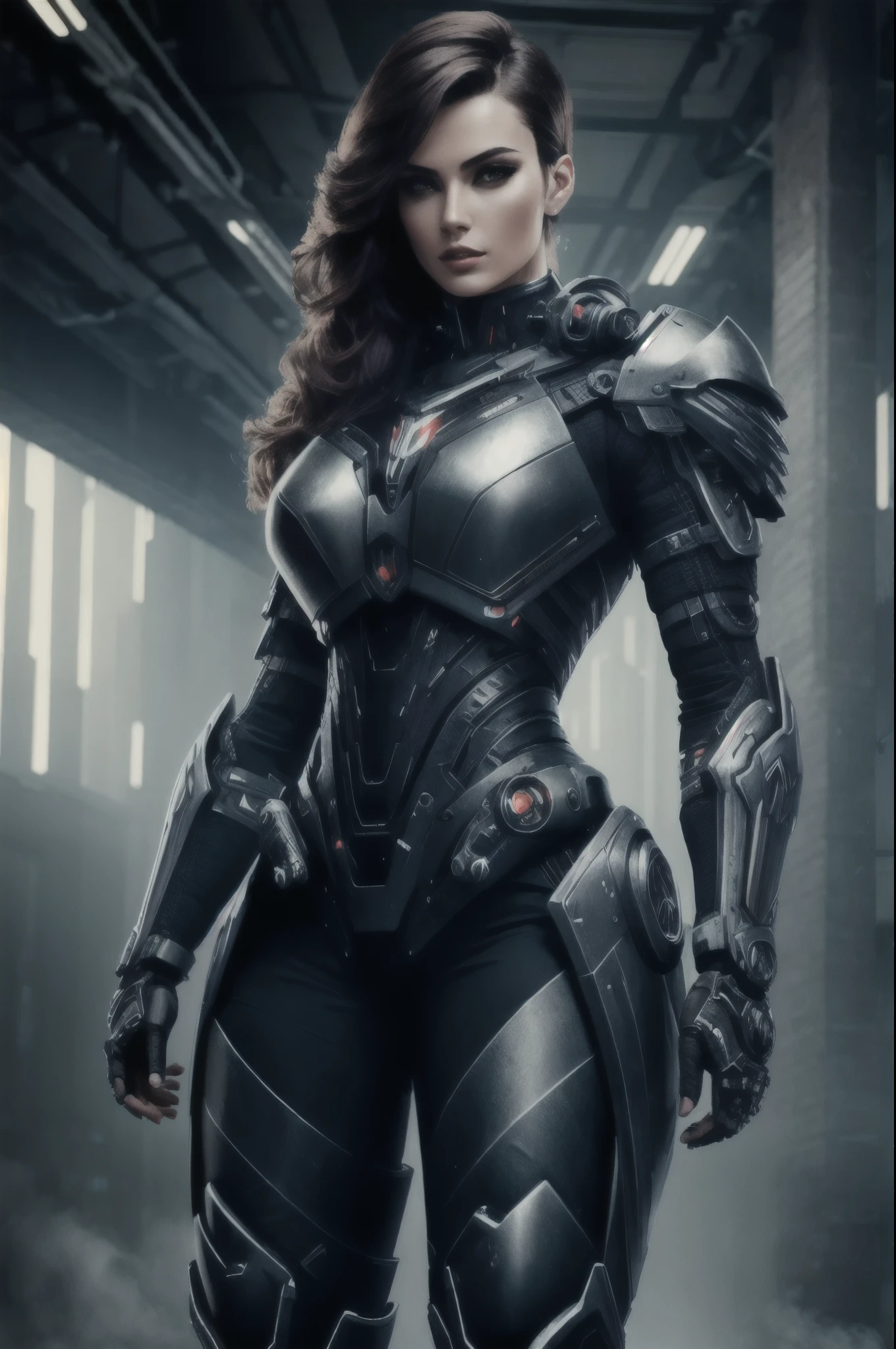a beautiful woman cyborg warrior in the Style-RustMagic, cyberpunk augmentation, cyberware, cyborg, carbon fiber, chrome, implants, metal skull, cyber plate armor, (dark atmosphere:1.2), (fog & smoke), (dark night:1.3), scars, (dark medium length disheveled hair:1.1), (eyeshadow:1.1), (beautifully detailed glow:1.2), (Cinematic lighting), intricate detail, highres, rounded eyes, detailed facial features, sharp focus, smooth, aesthetic, detailed dark industrial factory background, stylish pose, dynamic pose, (dramapaint), (opt-6000:0.9)