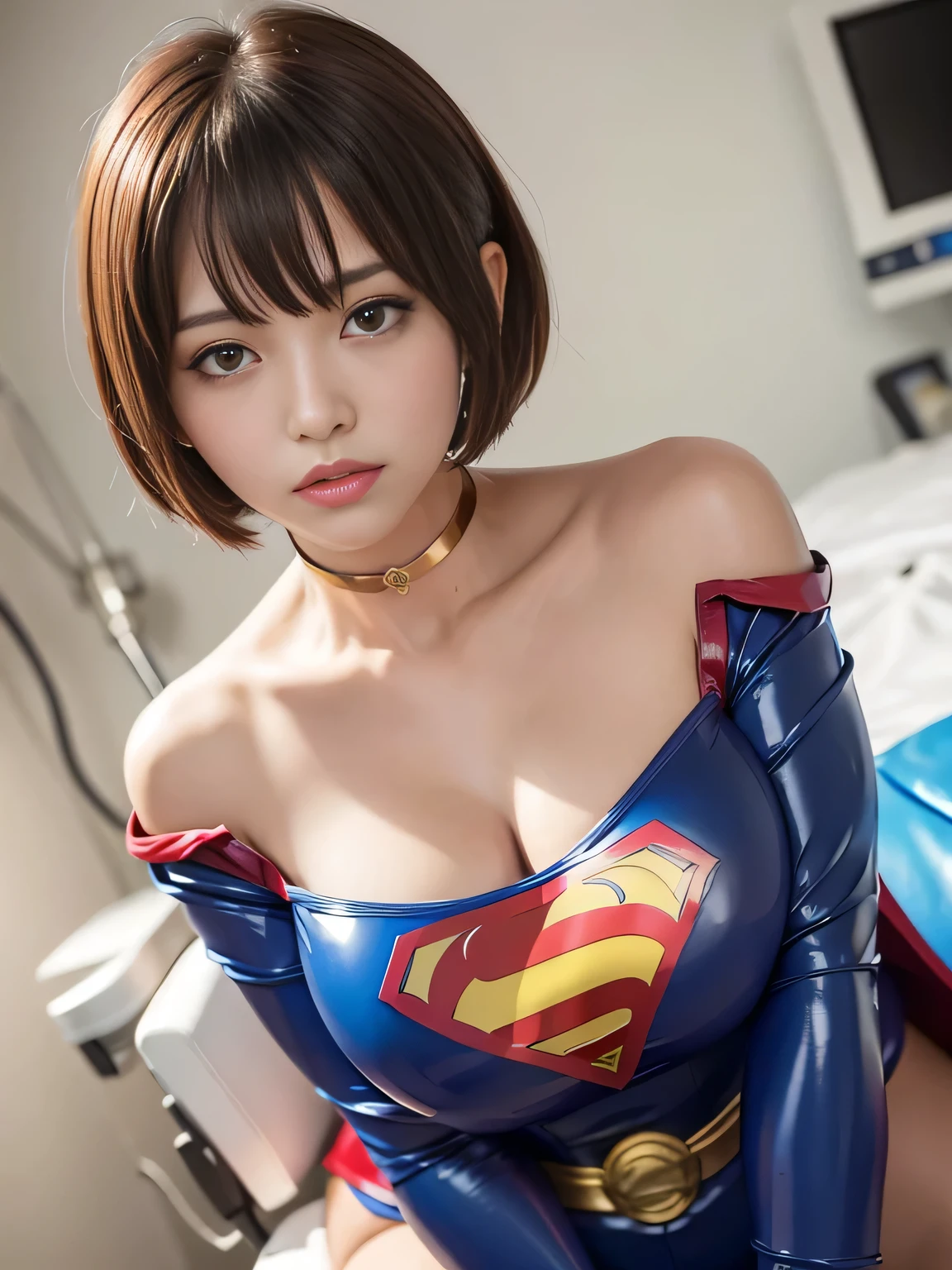 masterpiece、Enamel Supergirl Costume、Short Hair、Hospital operating table、Crisis situation、Big and ample breasts、looking at the camera、Shiny、Off the shoulder、choker、Long sleeve、Red exy poses to seduce、Sweaty、Model Body Type、Alluring、charm、Enchanting、abused、test subject、victim、Wild、Photorealistic、latex、