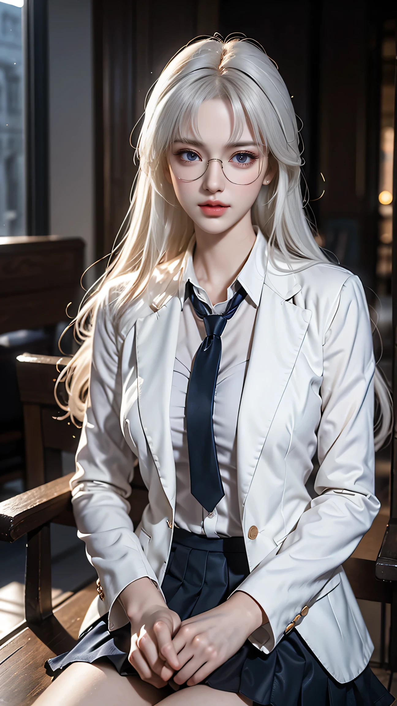 Best quality work,Actual work,Ultra Premium Graphics,8K HD CG works,High quality graphics,High-definition CG works,10x pixels,Extremely fine detail:1.1,Advanced Technical Details:1.1 Photorealistic,Indoor lighting effects:1.5,Natural light:1.5. Light effects(virtual Light effects:1.8),(short golden-white hair)、(Bob Hair),Clear Eyes,Beautiful double eyelids,Sharp eye makeup, Delicate eyelash makeup, Thin eyebrows, Highly detailed eyes,High nose, Nice red lips, Rose Cheeks, A face with subtle makeup , Cute face, perfectly balanced face,(Advanced Face Detail:1.1),((Girl sitting on chair in library))、Best quality work,Actual work,Ultra Premium Graphics,8K HD CG works,High quality graphics,High-definition CG works,10x pixels,Extremely fine detail:1.1,Advanced Technical Details:1.1 Photorealistic,Indoor lighting effects:1.5,Natural light:1.5. Light effects(virtual Light effects:1.8),Long silver hair((Eyes closed)), Thin eyebrows,High nose, Nice red lips, Rose Cheeks, A face with subtle makeup , Cute face, perfectly balanced face,(girl in school uniform),A light-toned foundation enhances the clarity of your skin.、((White blazer)),(White blouse)、(Red tie)、(Dark blue checked skirt) 40k, photograph, ((Wear glasses, )). White skin, highest quality, Tabletop, Ultra-high resolution, (Realistic:1.4), RAWphotograph, (Perfect figure), (slim:1.3), Slim abdomen, Perfect slim figure, Dynamic Pose, alone, Cold light 12000K, Highly detailed facial and skin texture, Fine grain, Realistic eyes, Beautiful fine grain, (Realistic Skin), Charm, 超A high resolution, Surreal、(Panties are visible)