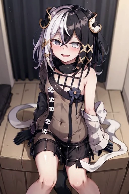 ((highest quality)), ((masterpiece)), (be familiar with), Perfect Face, indoor, Bedroom, Watching the audience,
One woman, Antiline Helan Fouché,
Open Mouth, Ecstatic expression, blush, smile,
Small breasts, Flat Chest, Young Girl, , , Girl,
Short Hair, Black and white hair, Two-tone color, Black and white eyes, Odd Eye, short hair,
Leg spread,