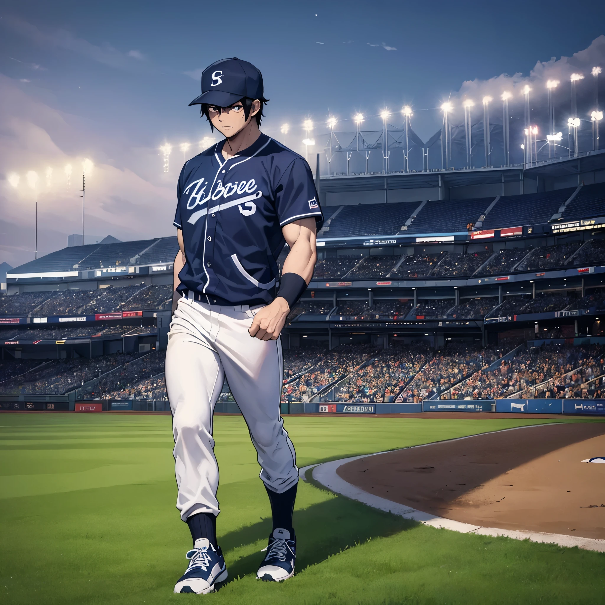 a man, wearing a classic baseball uniform, black hair, dark blue eyes, baseball cap, sports shoes, walking on the field in a baseball stadium, night place, bright place, full body, muscular, serious face, very detailed, masterpiece, ultra defined, ultra resolution. (solo man)