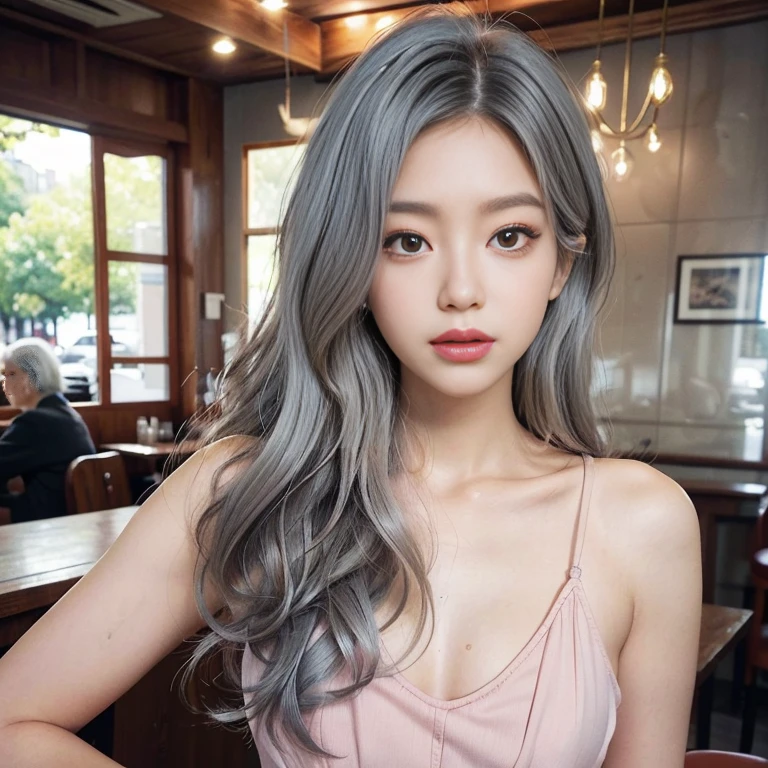 Lots of lip gloss, Lots of eyelashes (Grey Hair, Soft Wave Hair, blush, Lots of lip gloss, Lots of eyelashes, Upturned eyes), (Realistic:1.2), ビジネスカジュアルのmale, coffee shop, Natural light, Blurred Background, Depth of written boundary, Intricate details, Very detailed, Sharp focus, (Skin with attention to detail:1.2),(male:1.2)