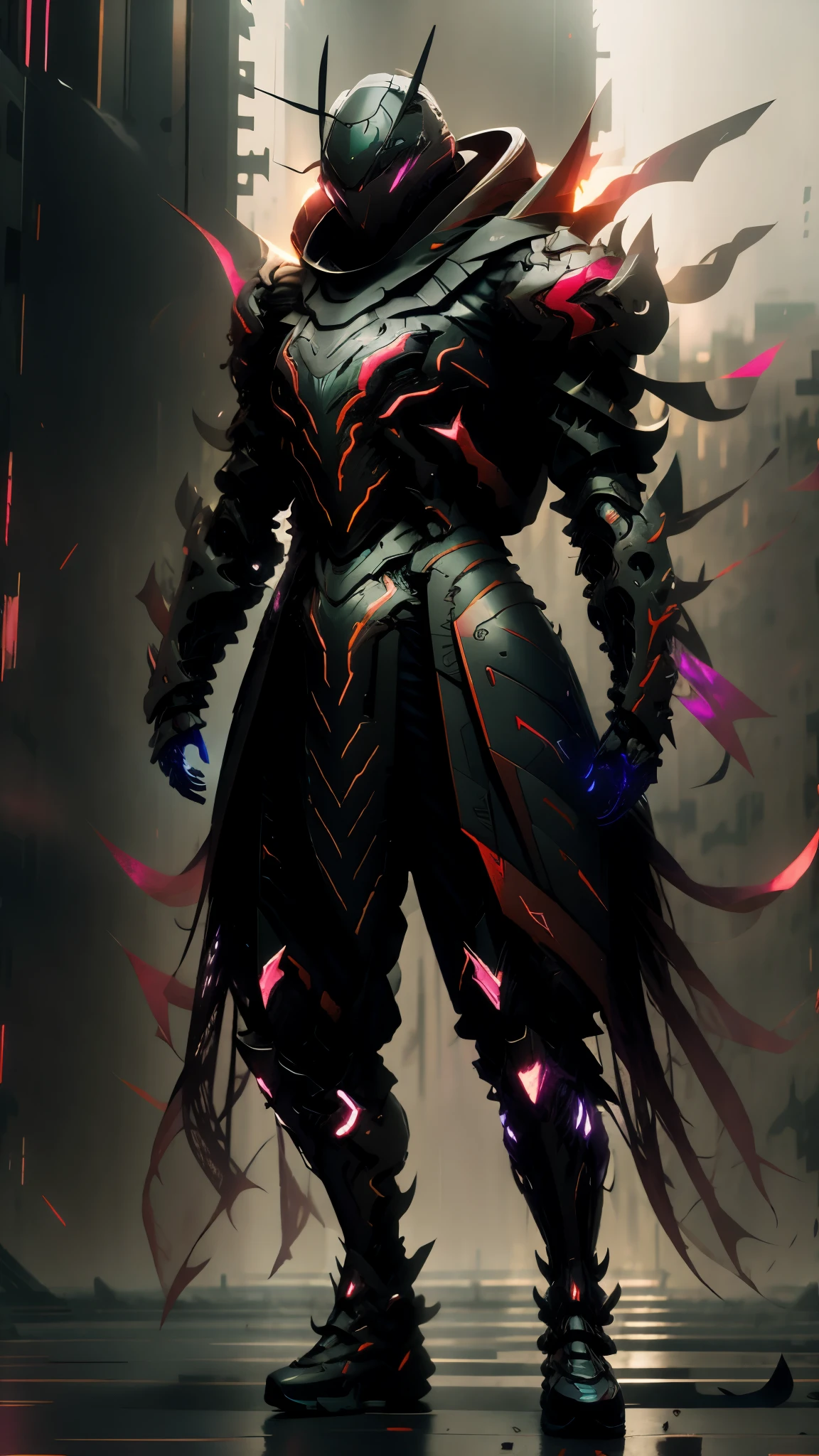 Cyberpunk armor, cyber helmet, Neon red glow red electric swords, Ninja in a city in Ruins best quality ultra-detailed, illustration, Masterwork, dynamic lighting, cinematic lighting 