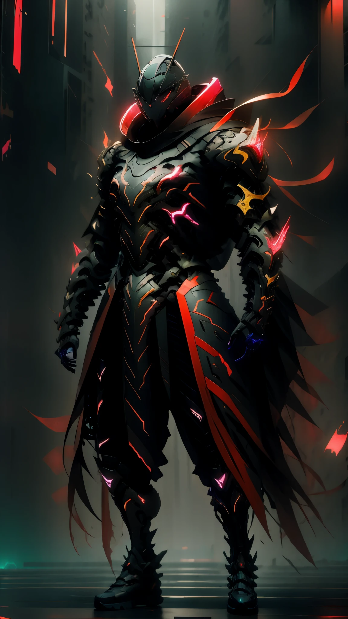 Cyberpunk armor, cyber helmet, Neon red glow red electric swords, Ninja in a city in Ruins best quality ultra-detailed, illustration, Masterwork, dynamic lighting, cinematic lighting 