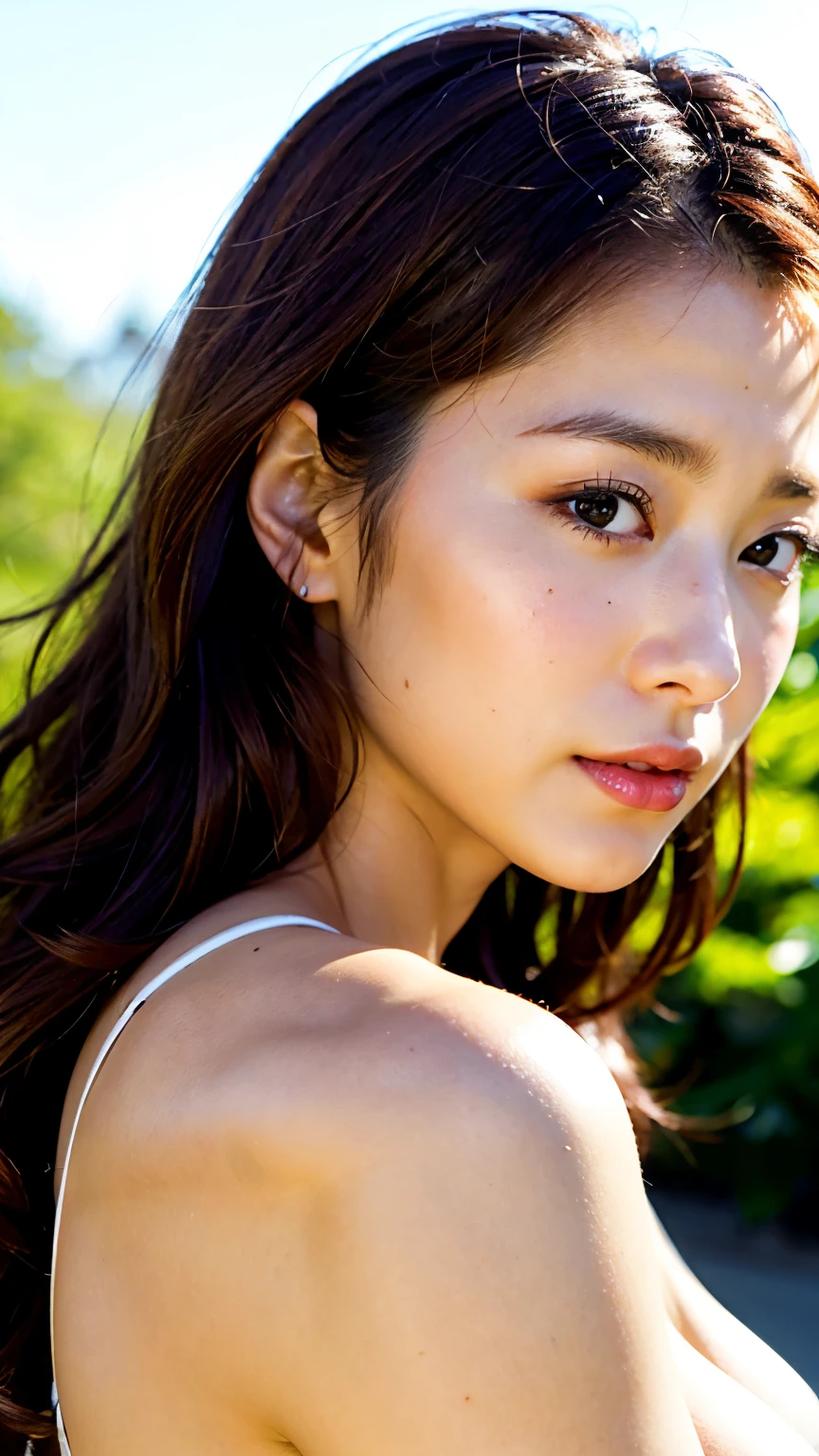 highest quality, Ultra-high resolution, (Realistic:1.4), One girl, (Huge breasts:1.2),((highest quality, 8k, masterpiece :1.3)), (Random Hairstyles, Huge breasts :1.2), Morning sunlight、Highly detailed face, Fine grain, double eyelid,cute,Mature Milf Young,wonderful,素敵なPerfect Face、Soft Skin、Perfect Face,Gorgeous long wavy brown hair,8k resolution、I'm laughing happily。((Full Body Shot))。Under the cherry trees in spring、Woman looking up at the camera and smiling。She is wearing a white blouse and a pleated skirt.、Over that she wears a loose cardigan。Cherry blossoms fluttering around、The background is a bright green grassland。The images have a bright and refreshing feel.、It is shot from an overhead perspective。In high resolution、Spring warmth and flowers々The delicate colors of。