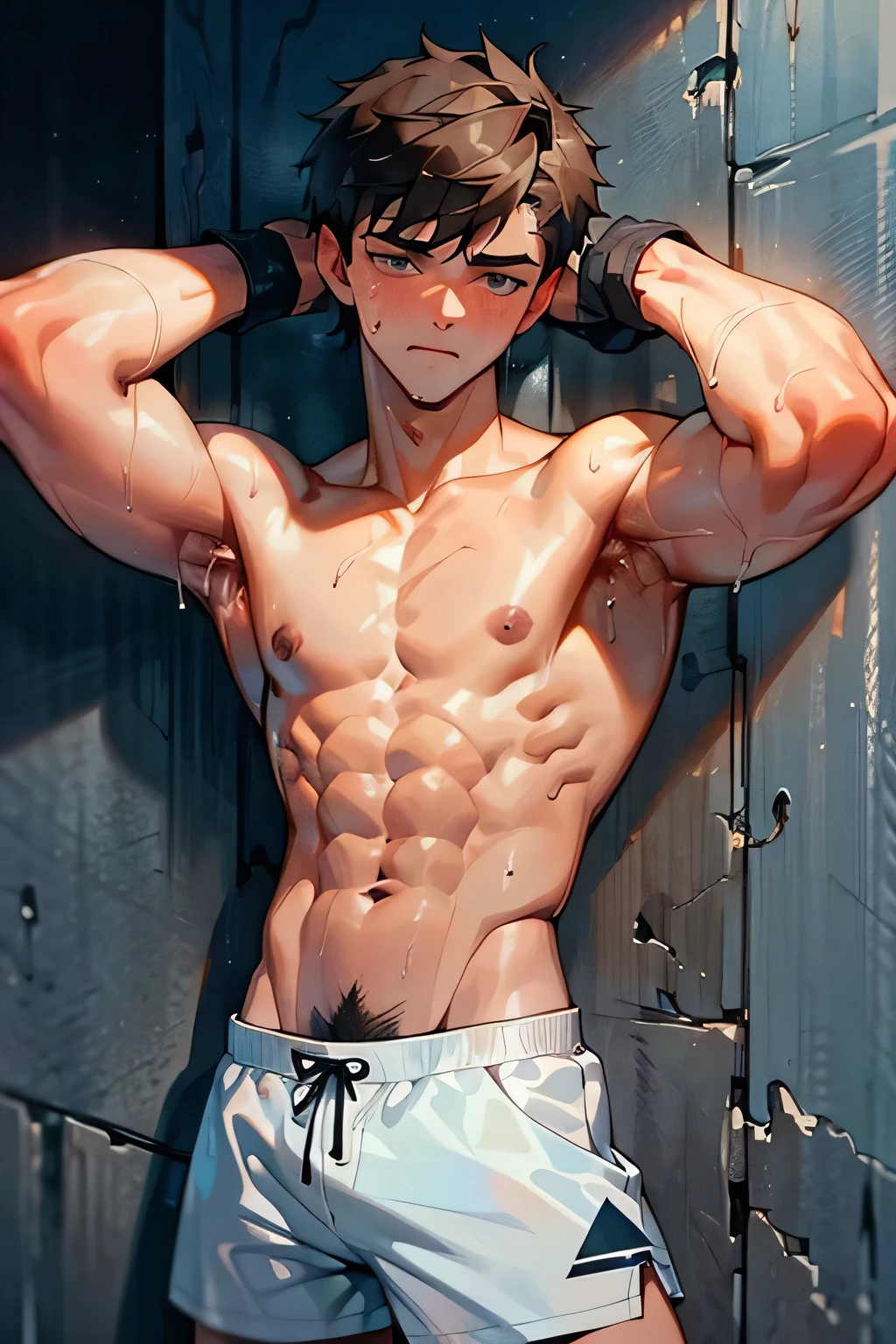 a shirtless exhausted 19-year old handsome caucasian male in faded haircut, mma gloves, white fighting shorts, cute, handsome face, six-pack abs, beautiful body, well-defined body, sweating profusely, dripping sweat, drenched with sweat, panting, exhausted, hands behind head, on the wall
