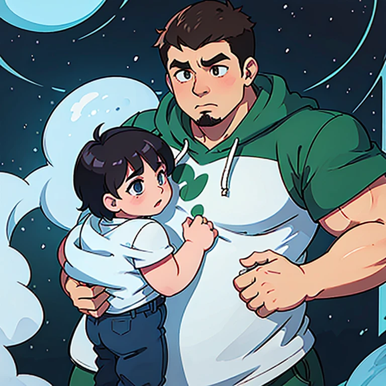 Big Chubby muscular man holding a chubby baby boy