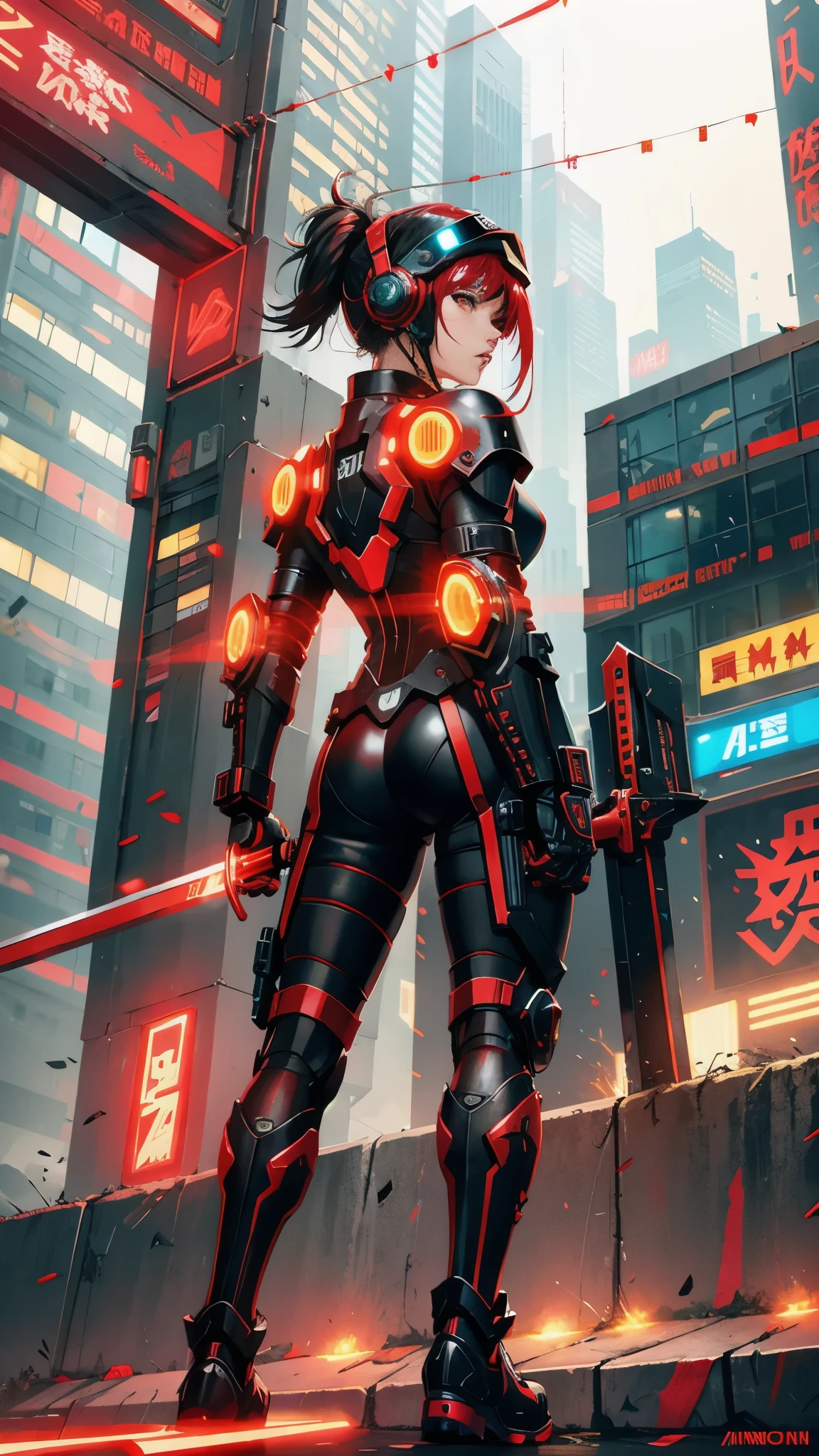 Cyberpunk armor, cyber helmet, red visor, Neon red glow, ((red electric swords,)) Ninja in a city in Ruins best quality ultra-detailed, illustration, Masterwork, dynamic lighting, cinematic lighting